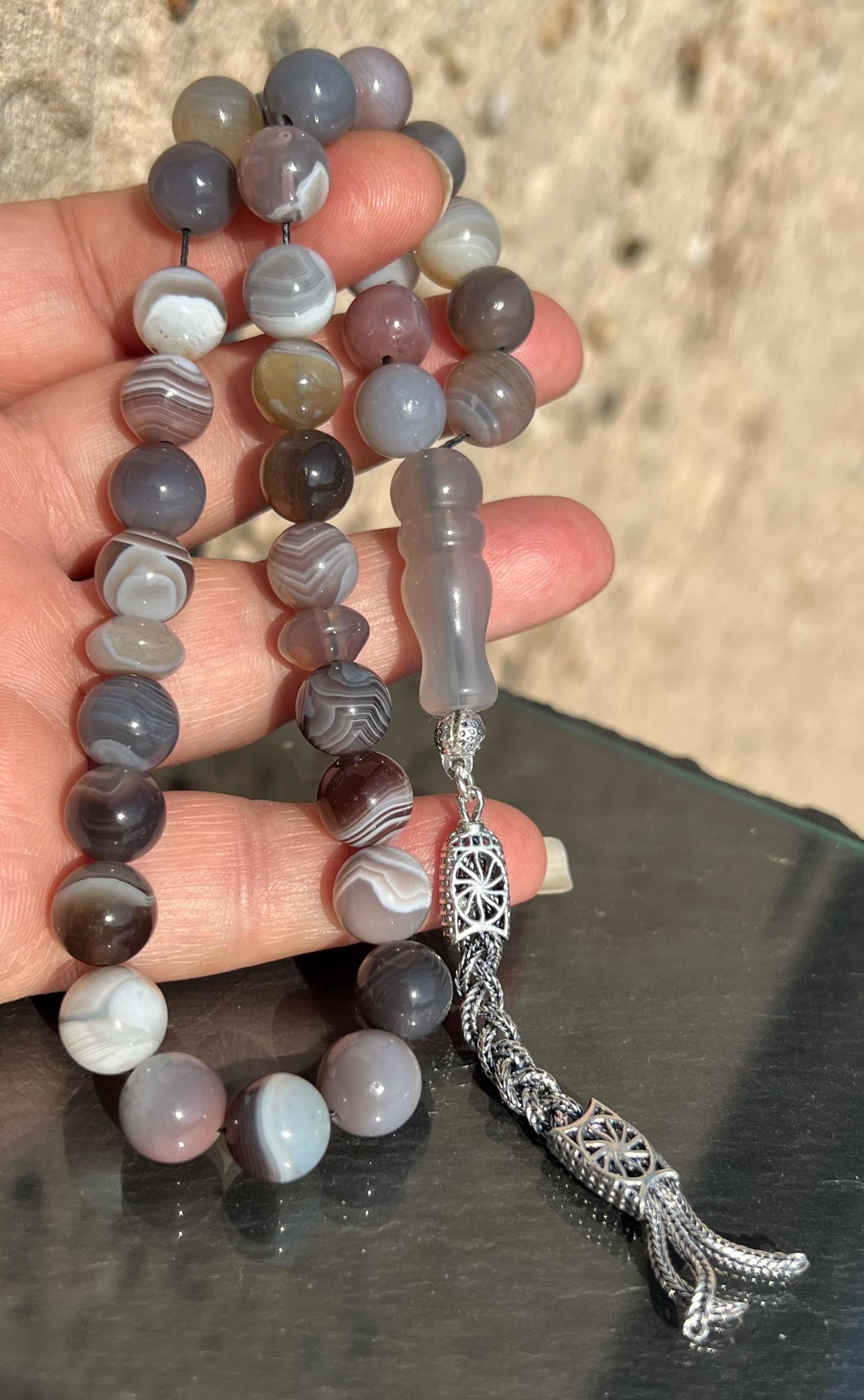 Botswana agate achat tesbih tasbeeh misbah 925 silver schmuck rosenkraz rosary prayer bead tassel quaste