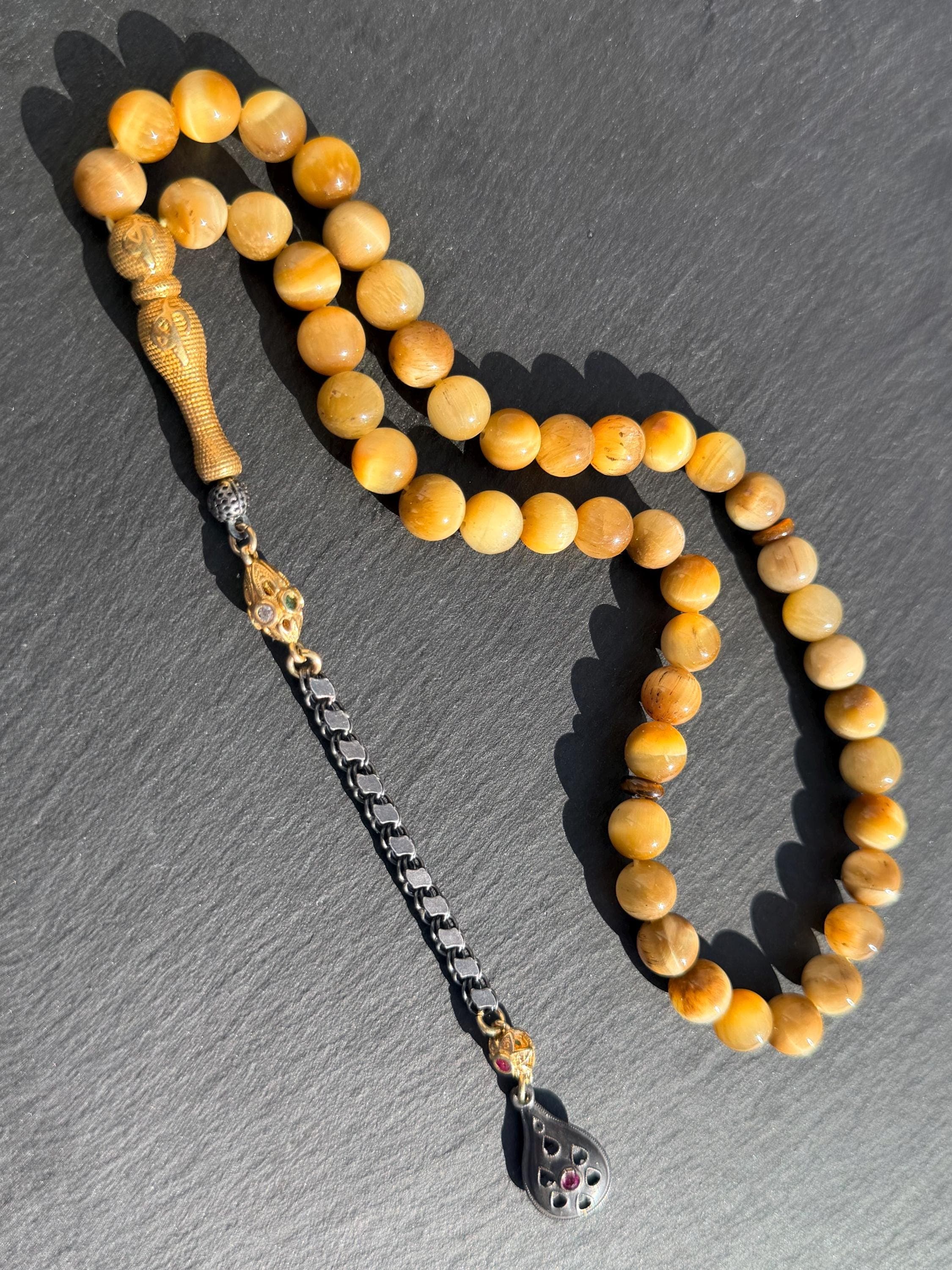 Natural golden cat's eye stone tasbih, Islamic misbaha, 925 sterling silver gold-plated tassel