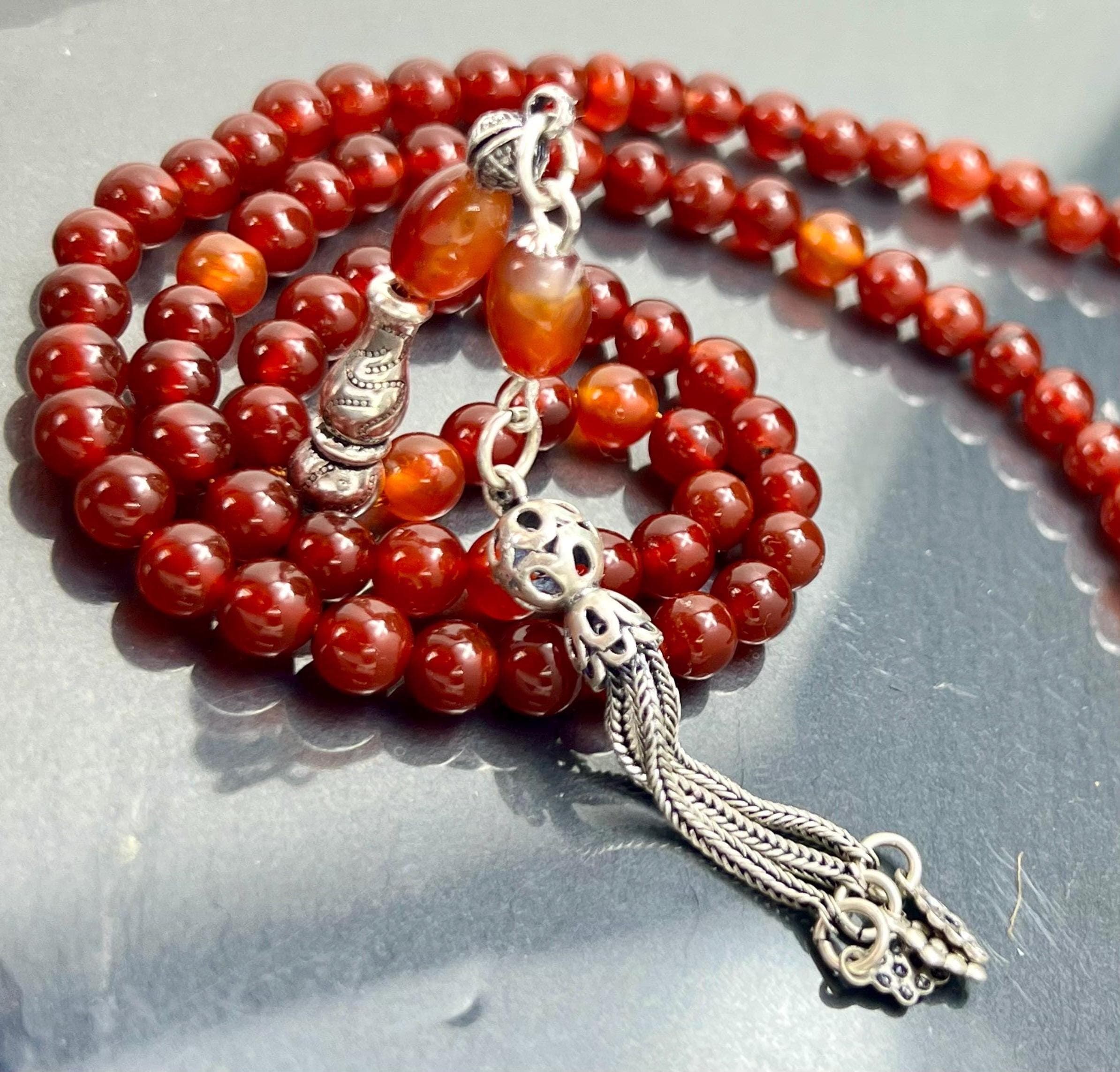 Red Agate  aqeeqTasbih, 925 Silver Imam Bead Minaret and Tassel.