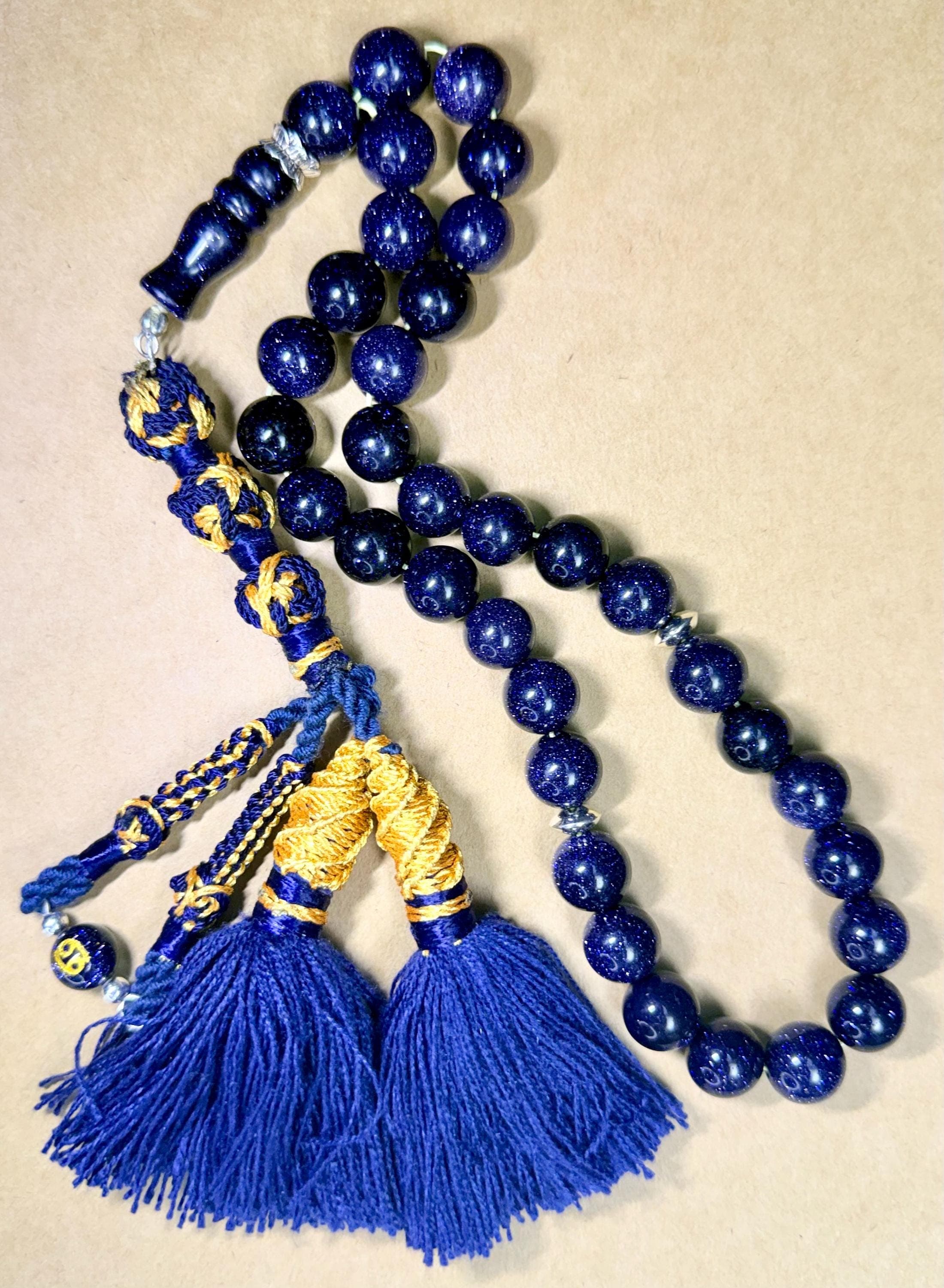 Blue Sandstone Tasbih 33, Islamic Eid Gift, 925 Silver, personalised with zodiac sign