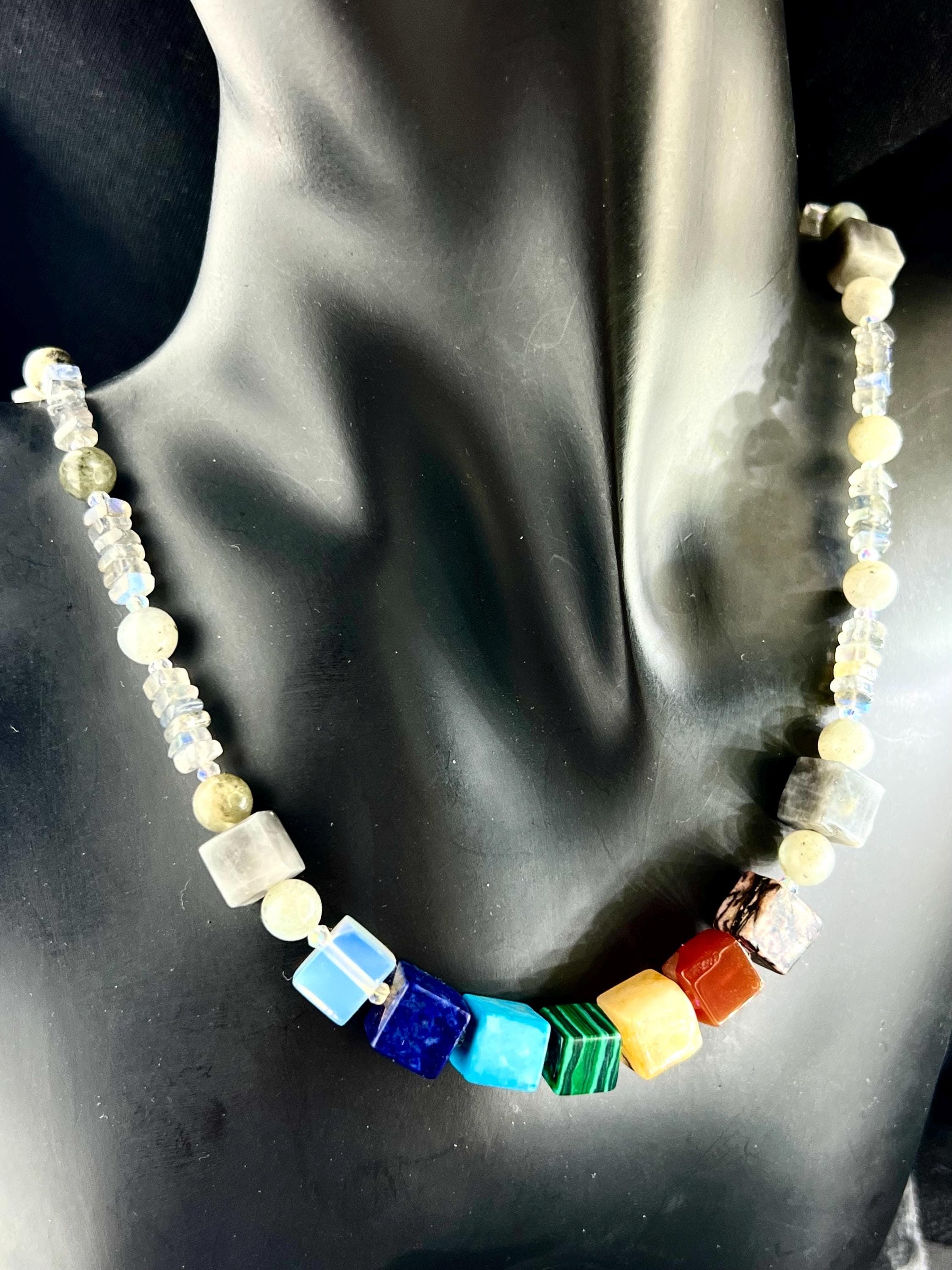 7Chakras Labradorite Hawk eye Necklace 925silver natural gemstones crown third eye throat heart solar plexus sacral root chakra detox energy