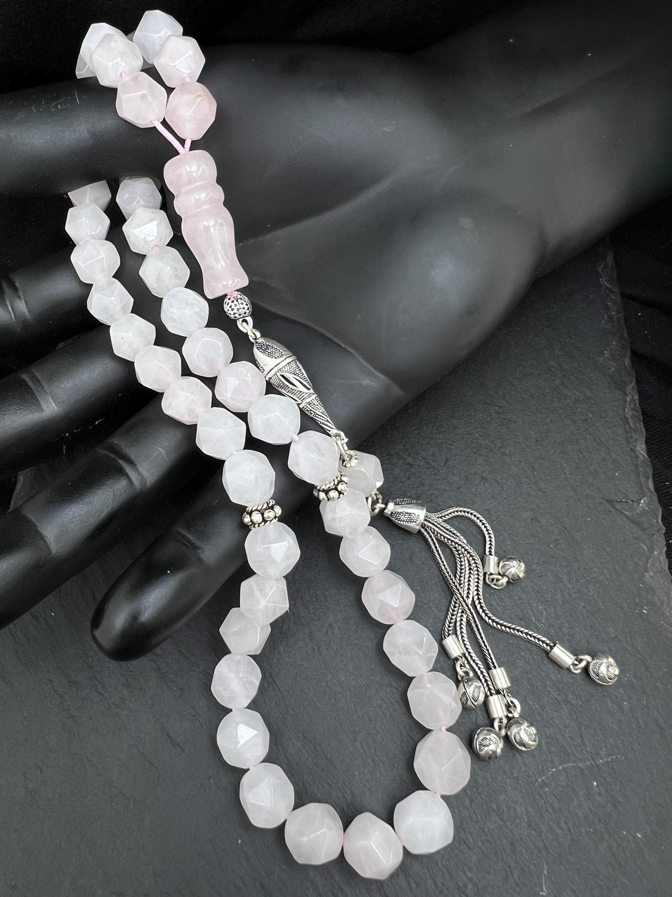 Rosé Quartz Tasbih 45, 10mm, natural Gemstone, Heart chakra, Islamic Misbaha, 925 Sterling Silber Tassel