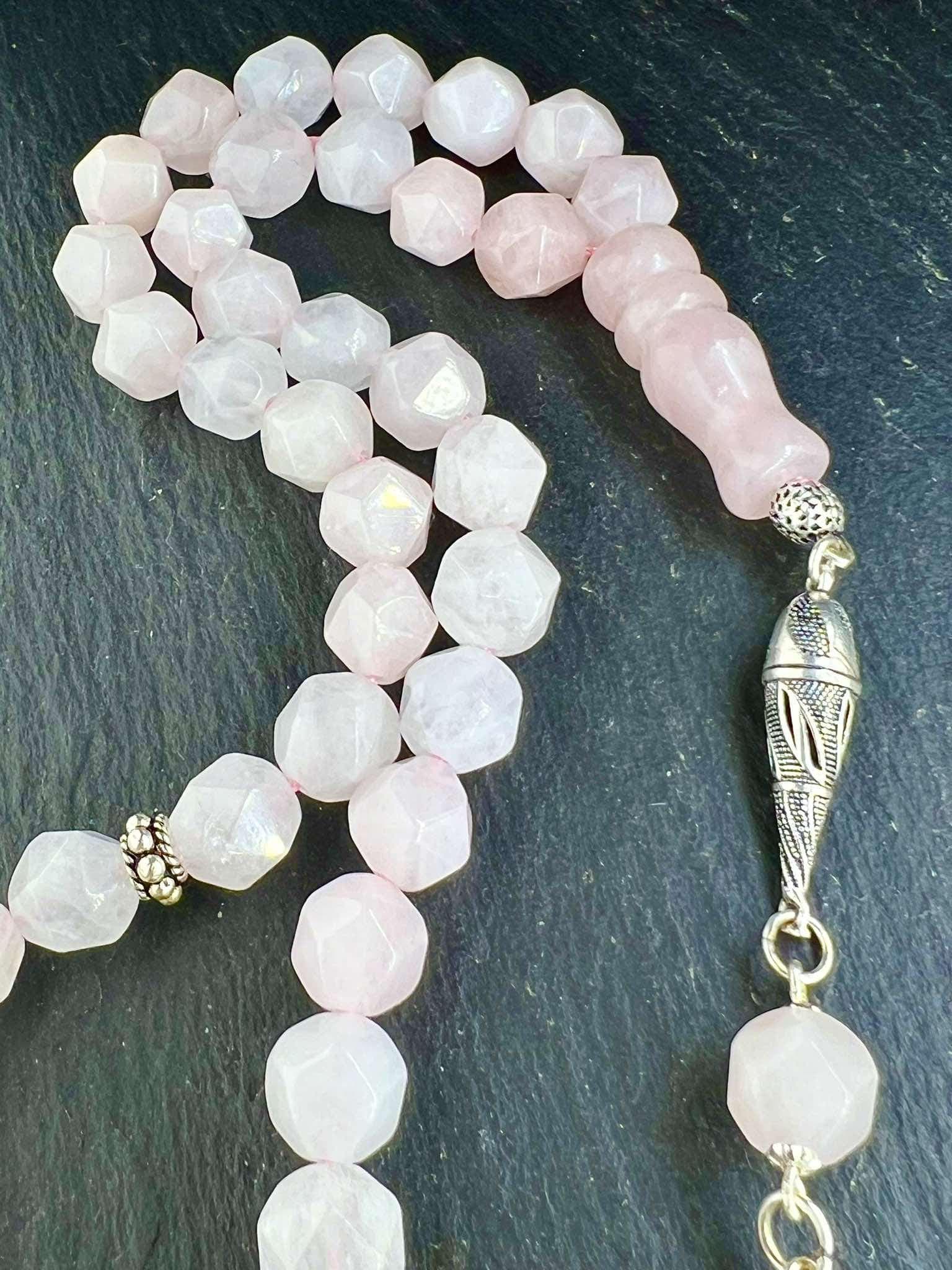 Rosé Quartz Tasbih 45, 10mm, natural Gemstone, Heart chakra, Islamic Misbaha, 925 Sterling Silber Tassel