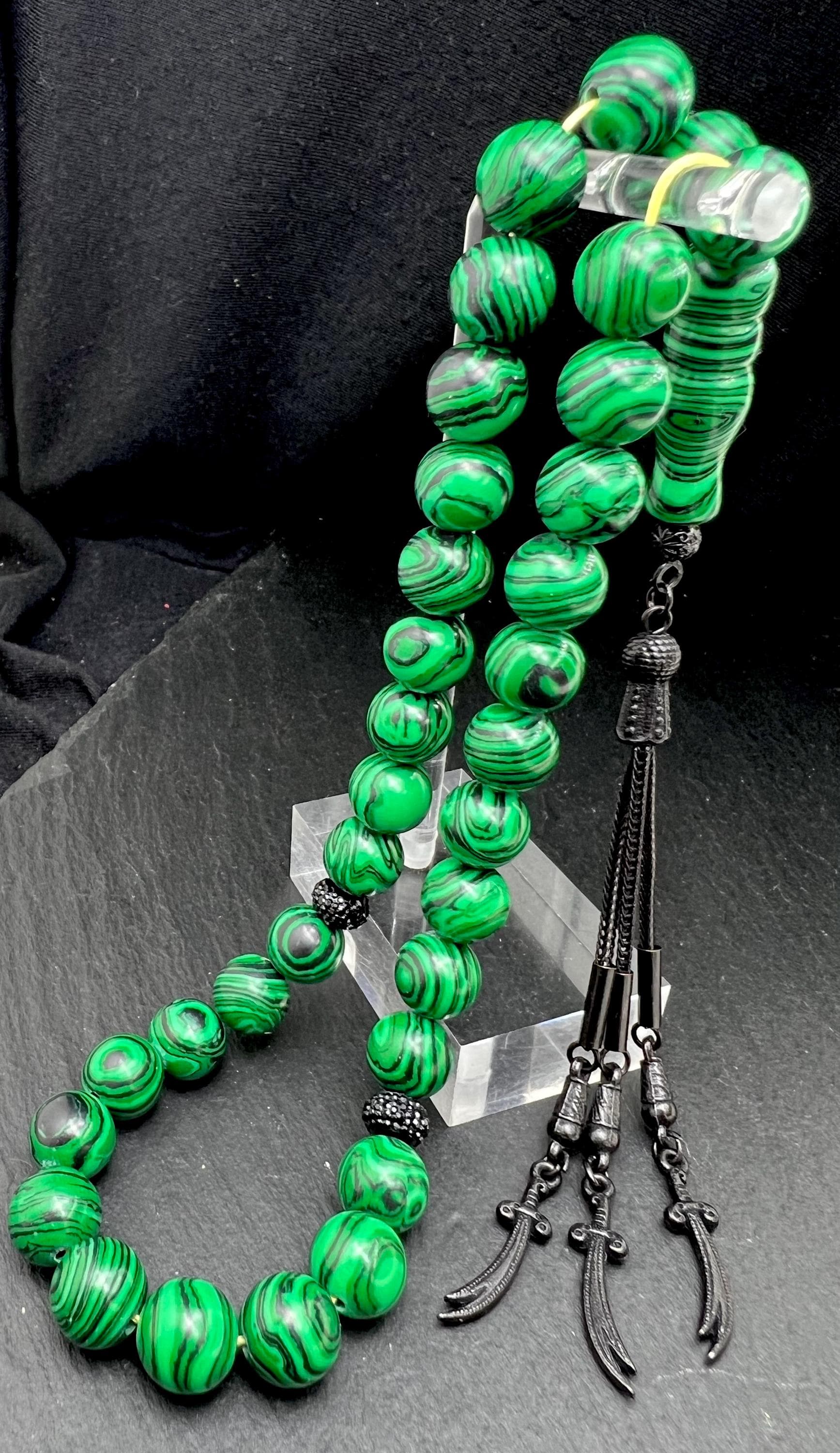 Malachite Tasbih, natural green stone, Islamic Misbaha, Heart chakra healing energy, Black zulfiqar tassel, Thulfiqar Imam Ali Sawrd, AkueShop.