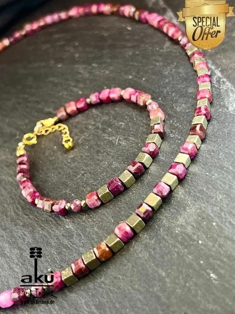 Ruby & Pyrite Jewelry Set: 925 Silver Necklace Bracelet