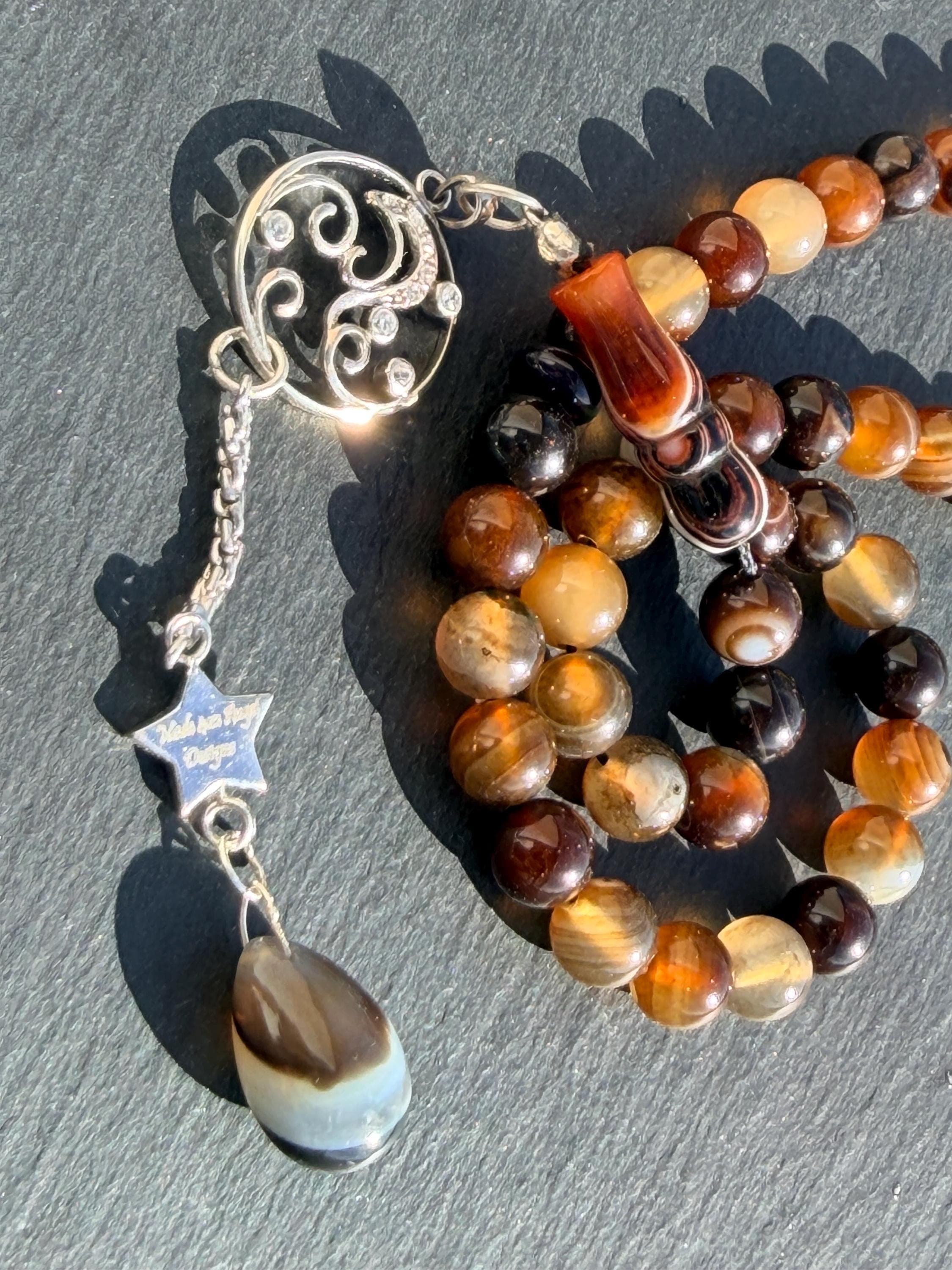 Natural Agate Tasbih, 925 Sterling silver Tassel, stripped Aqeeq gemstone