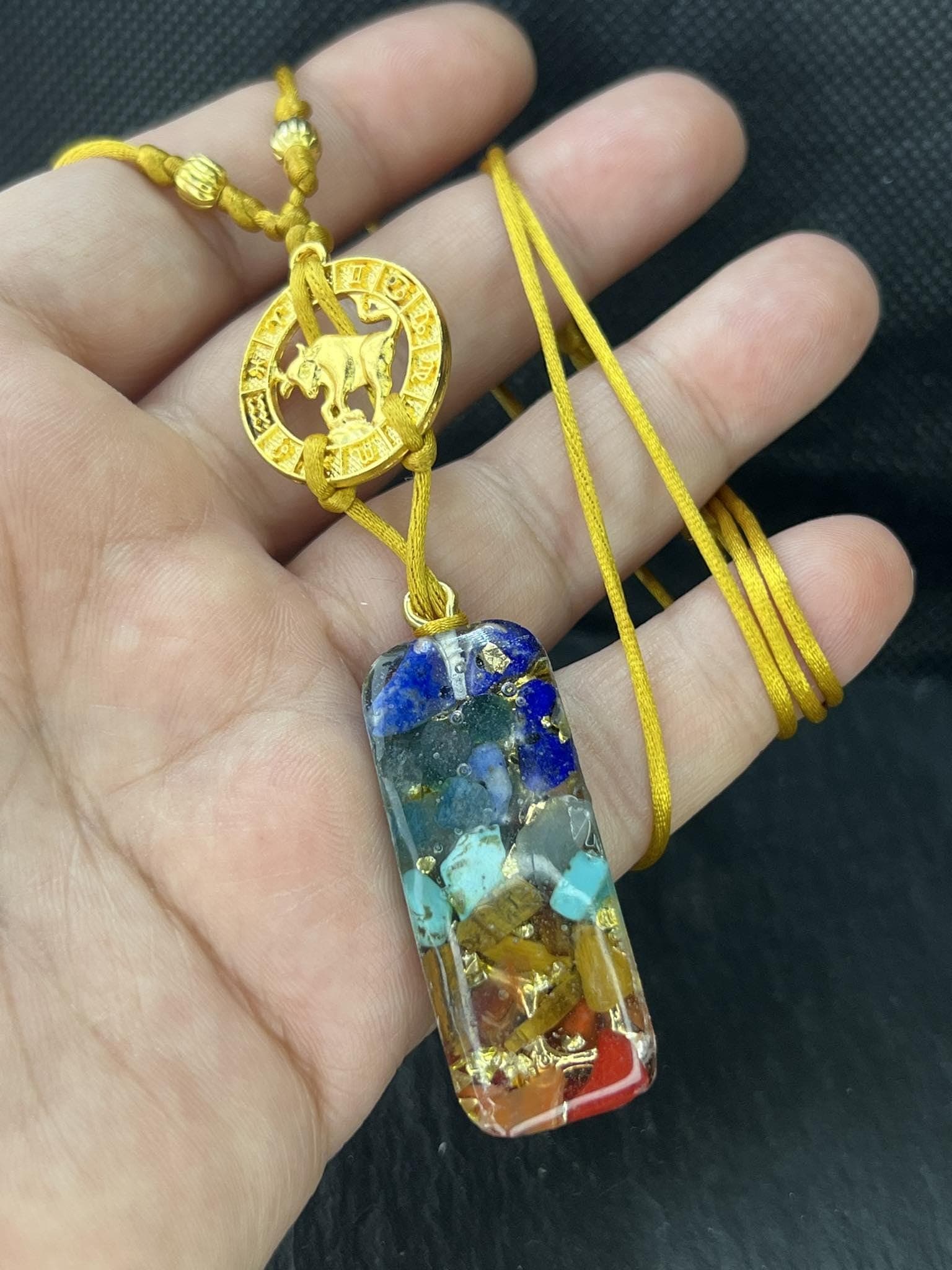 Zodiac sign necklace, Taurus chakras stones resin pendant, meditation energy