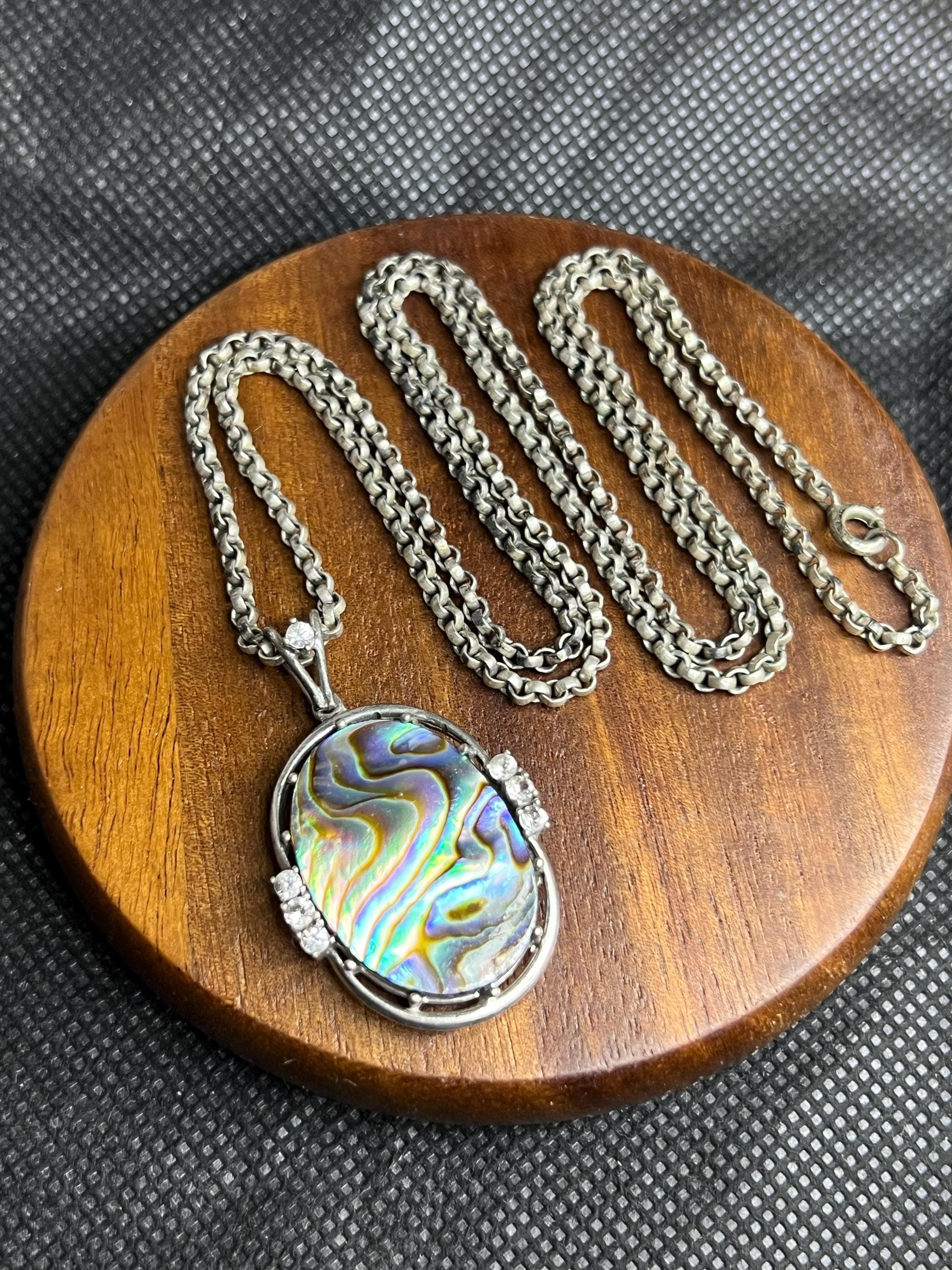 Vintage Abalone Necklace, 835 Silver, Gray-Toned Chain, Natural Shell Pendant, Elegant Classic Design - image 3