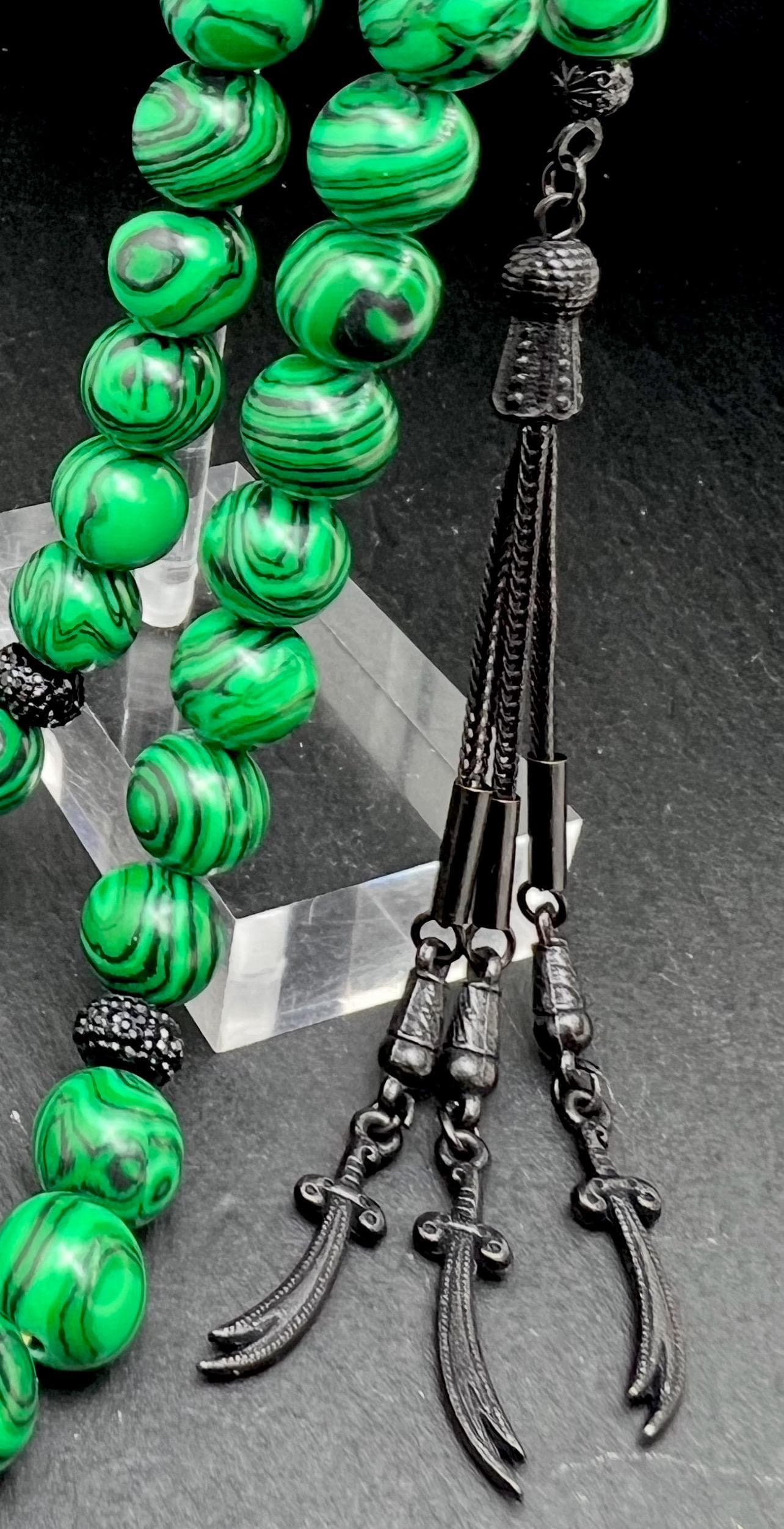 Malachite Tasbih, natural green stone, Islamic Misbaha, Heart chakra healing energy, Black zulfiqar tassel, Thulfiqar Imam Ali Sawrd, AkueShop.