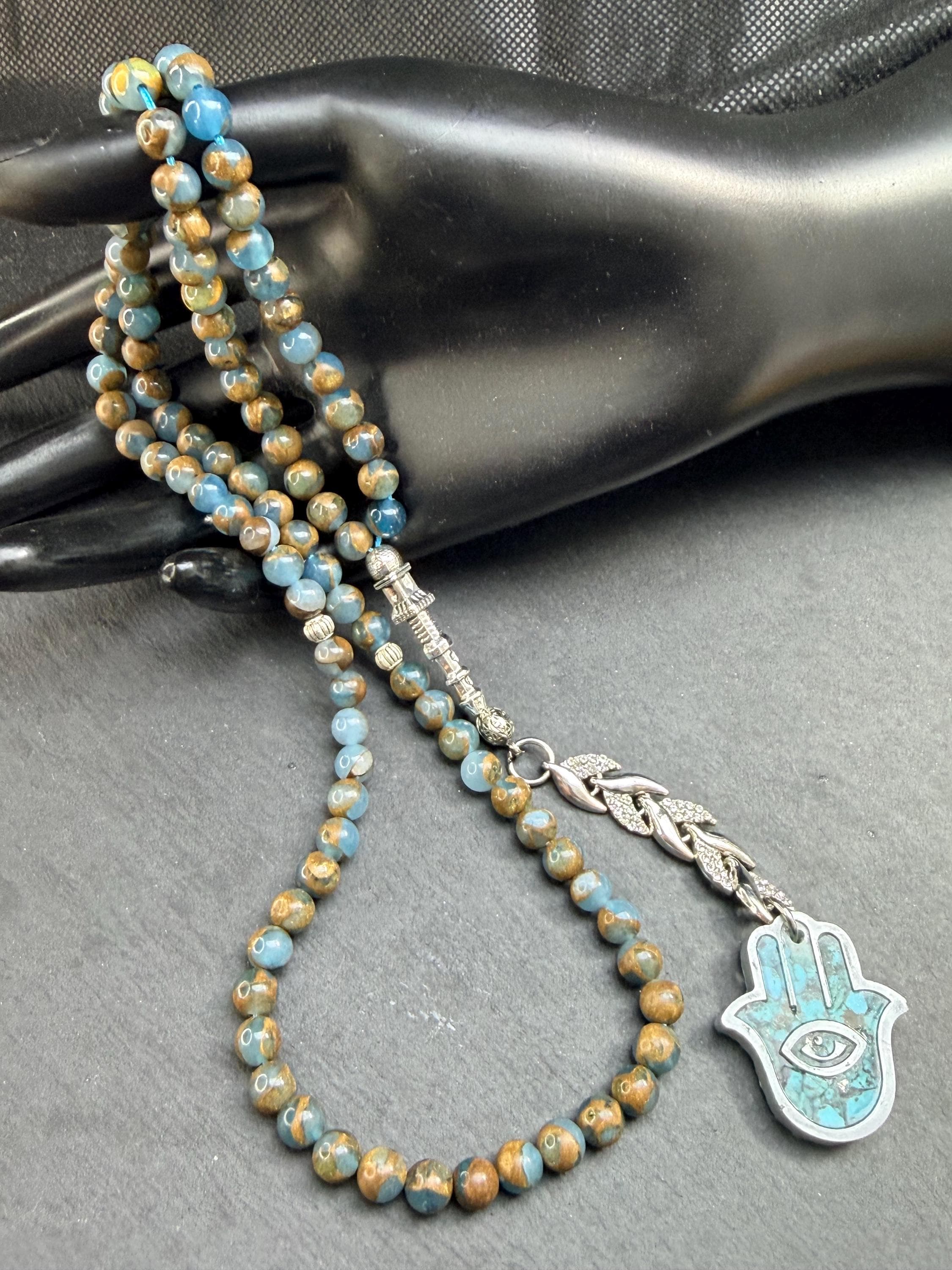 Turquoise pendant in Tasbih 99, bluestone with Hamsa, Islamic Misbaha, throat chakra energy