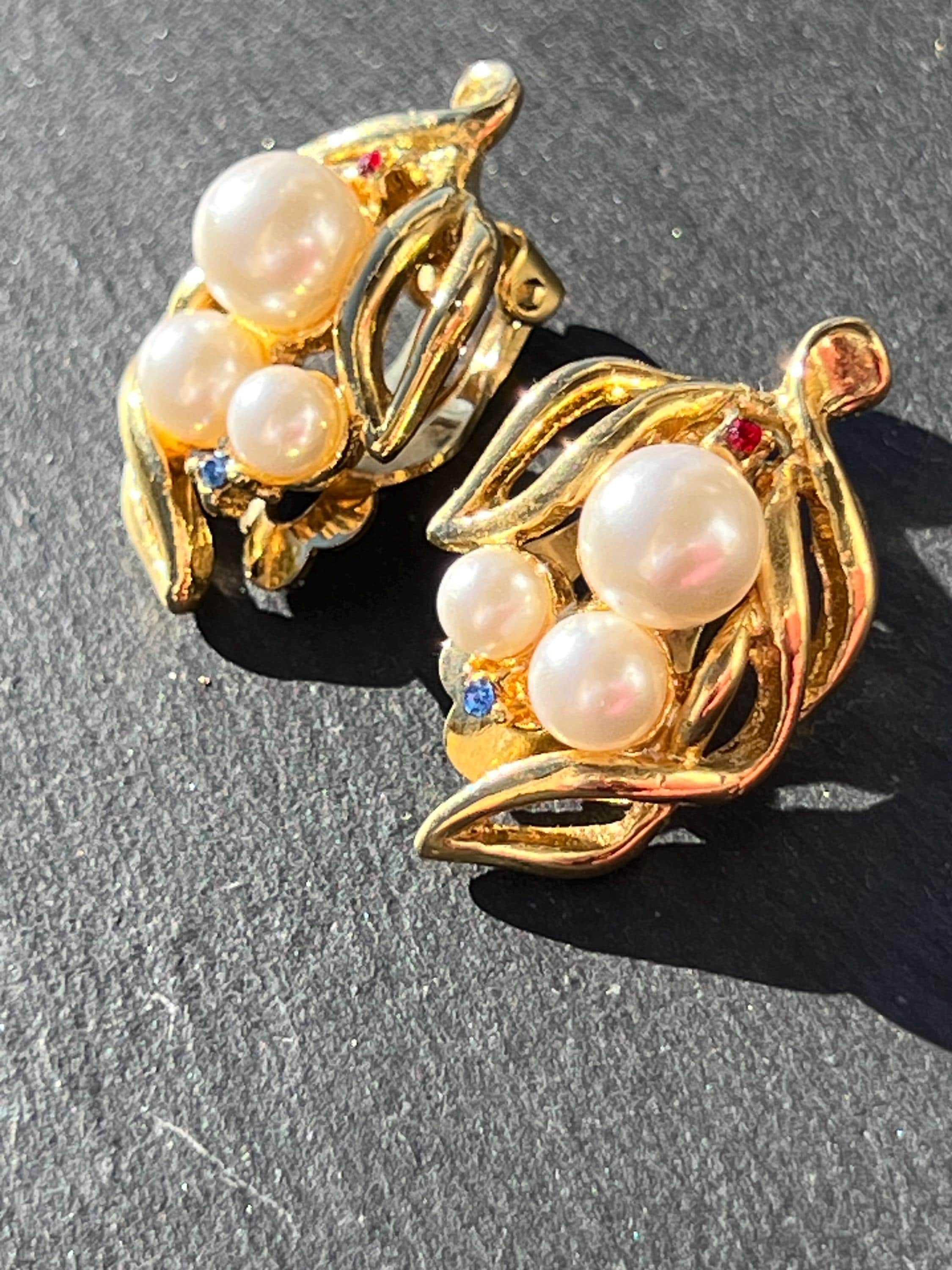 Vintage Clip-On Earrings, Gold-Tone Floral Design with Imitation Pearls, ca. 1980s, Romantic Non-Pierced Style