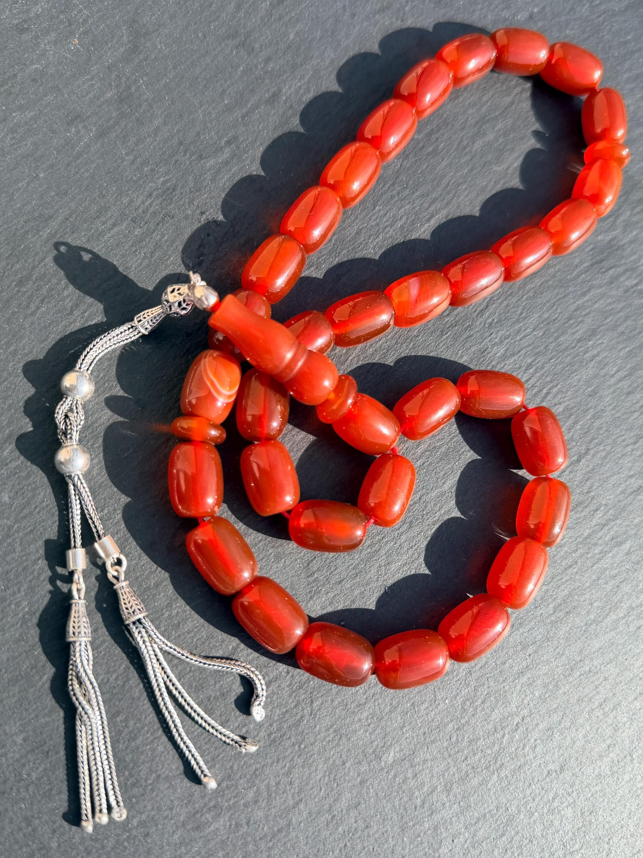 Red Agate Tasbih Prayer Beads: Sterling Silver Tassel, Islamic Gift