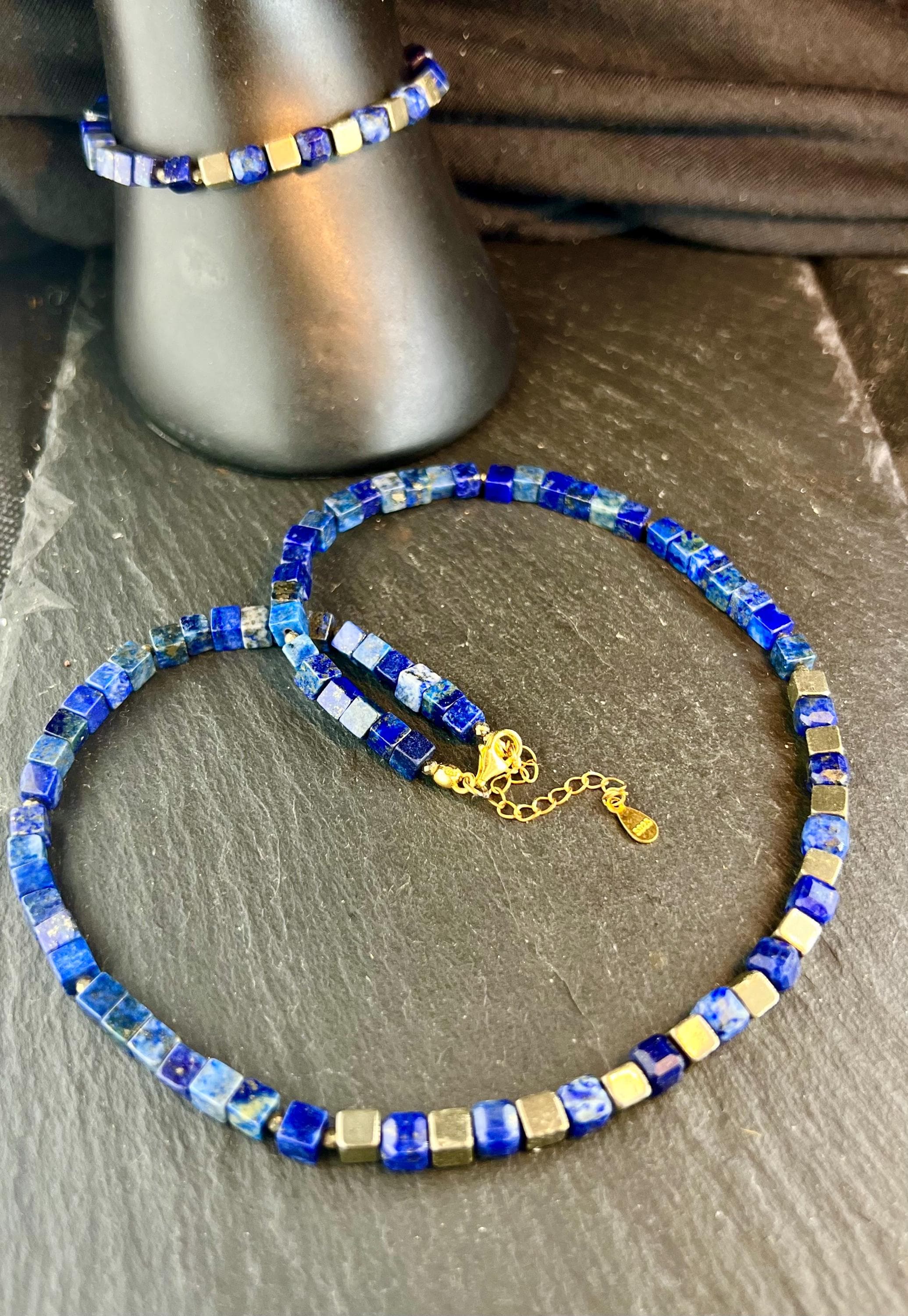 Lapislazuli Halskette Und Armband, Natürliches Edelstein, Schmuckset, 925Er Silber Vergoldet