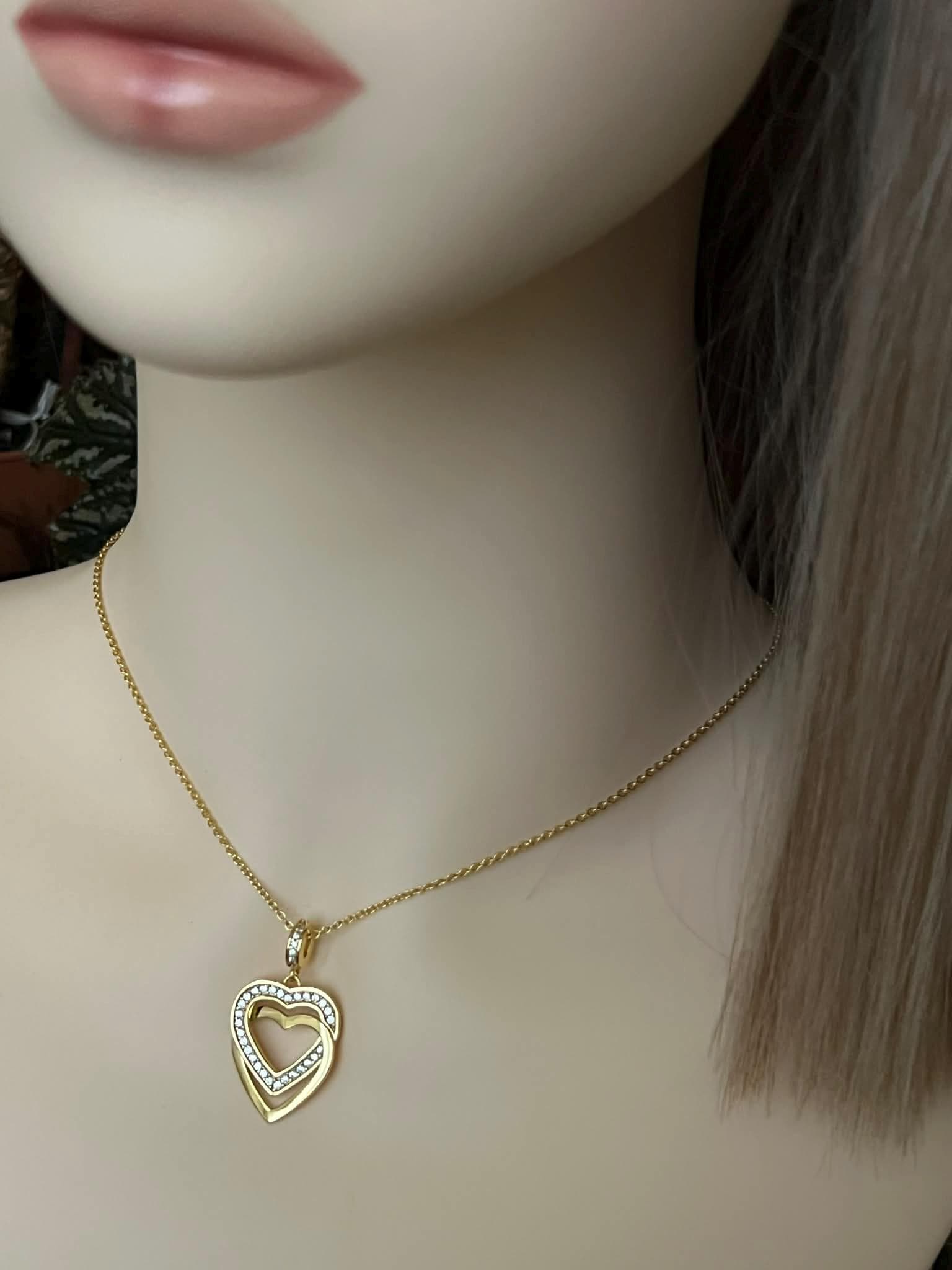 Designer Necklace by JETTE, 925 Sterling Silver, Gold-Plated, Double Heart Pendant with Cubic Zirconia