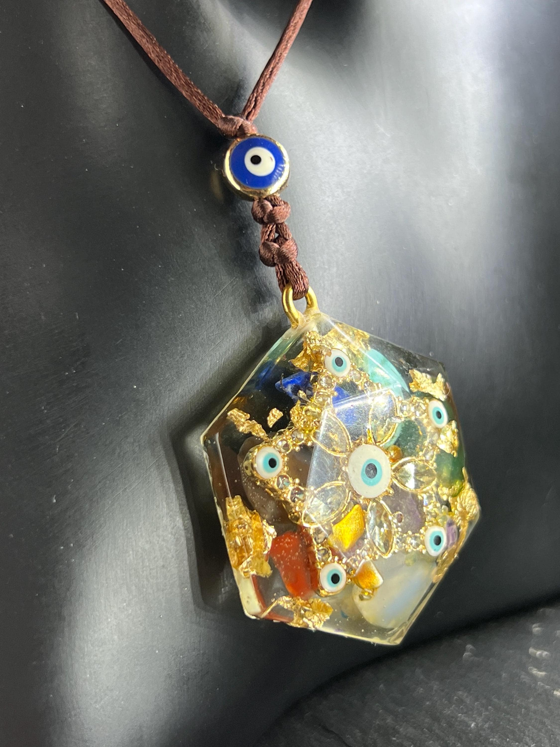 Resin Evil Eye Amulet: 7 Chakra Gemstones, Suryani Star Protection