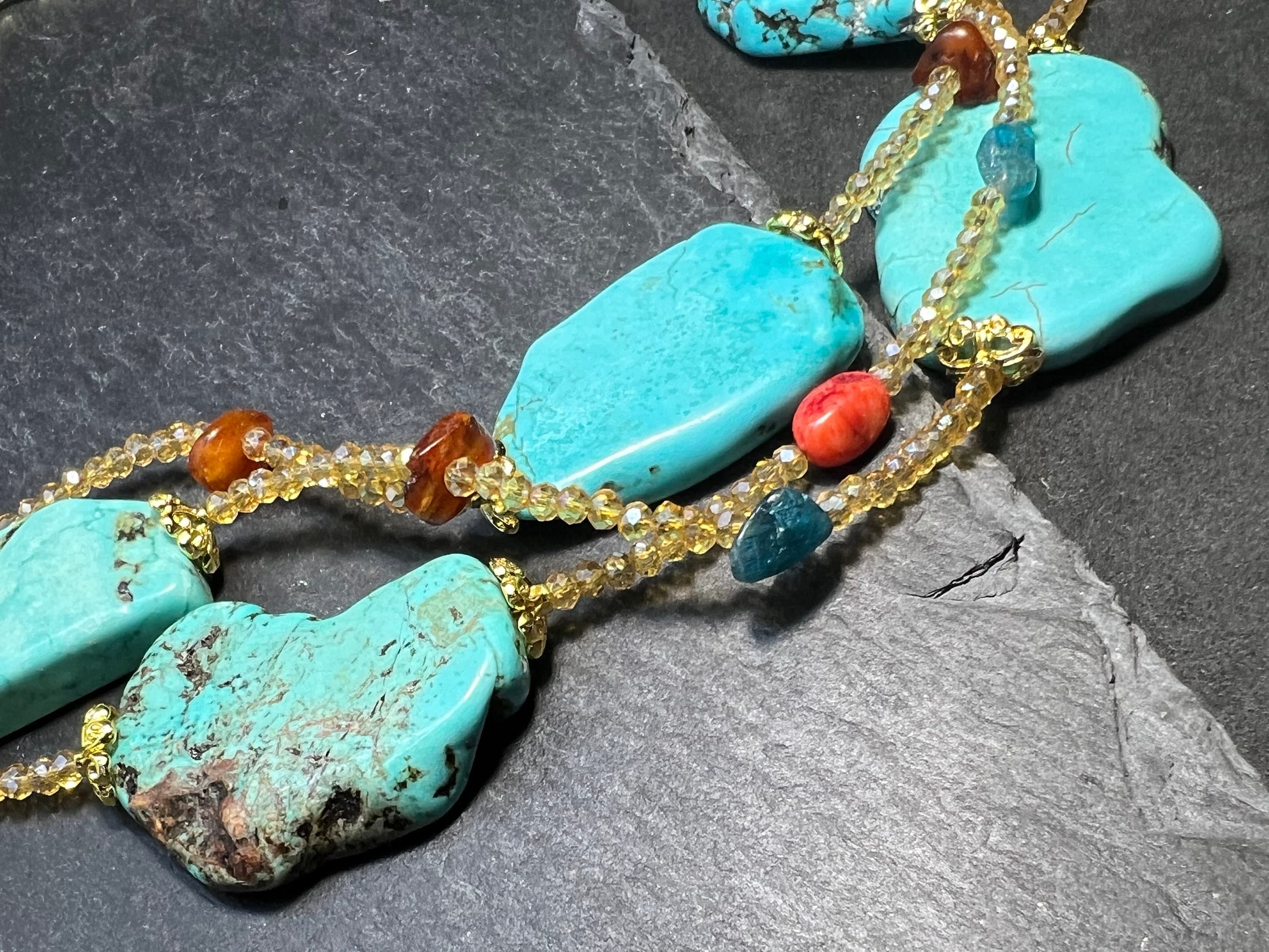 halskette festoon chocker Howleth Türkis blue turquoise korall coral aventurine citrine raw stones goldplated