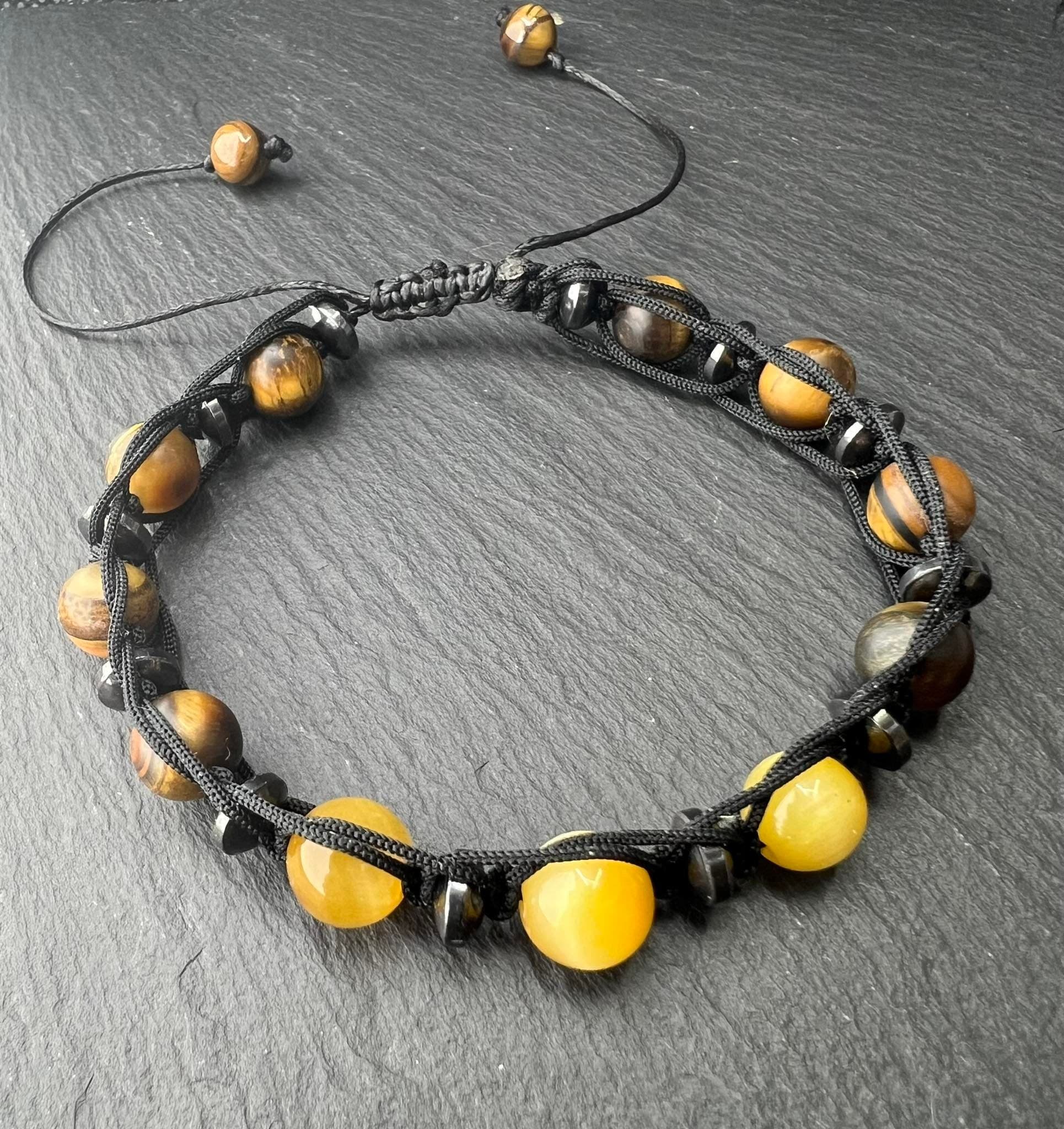 Natural Tiger eye and hematite Bracelet, Gemstone, root & solar plexus chakras meditation energy, Handmade