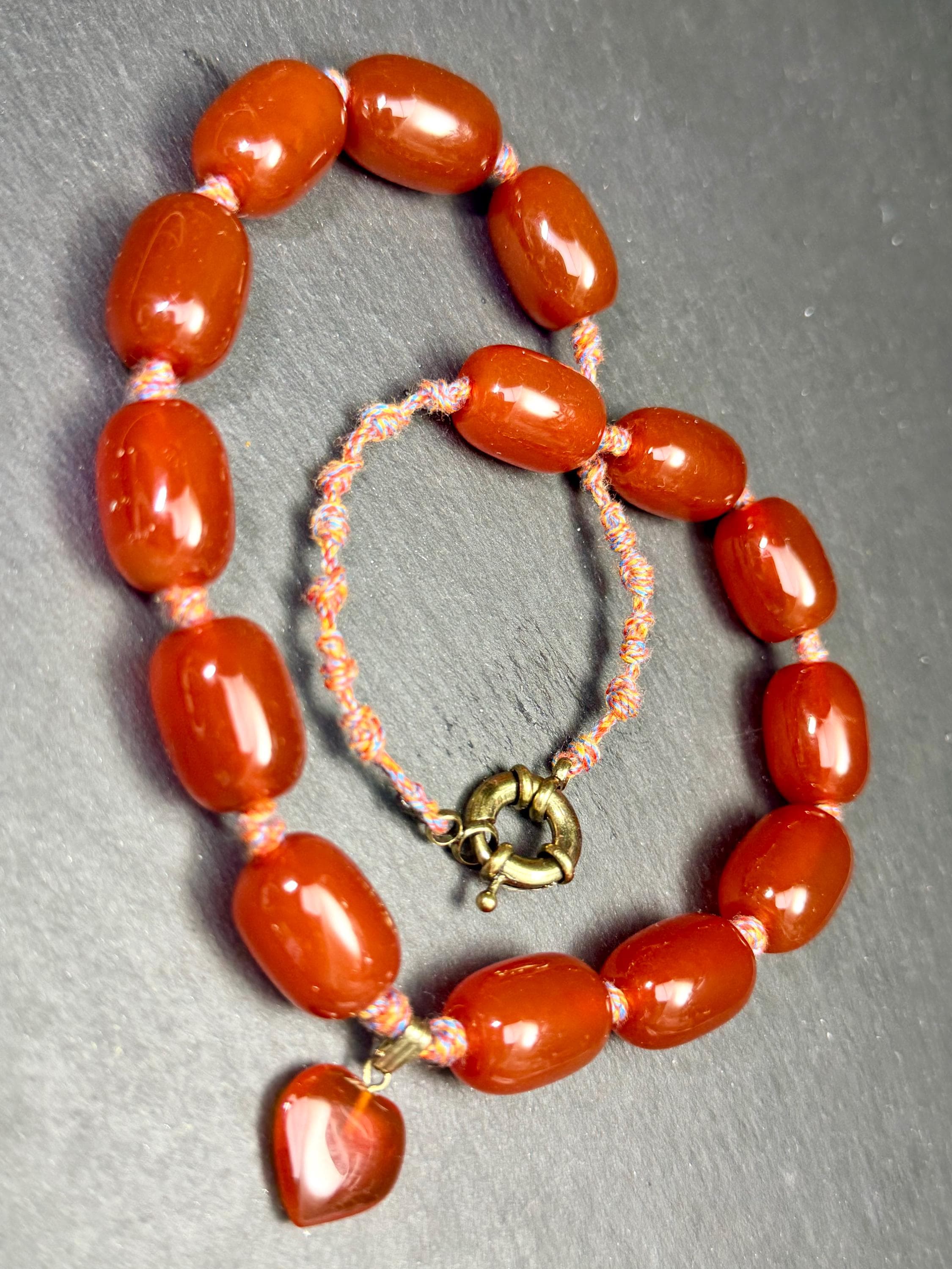 Red Agate necklace, chunky big size natural stone beads, heart pendant