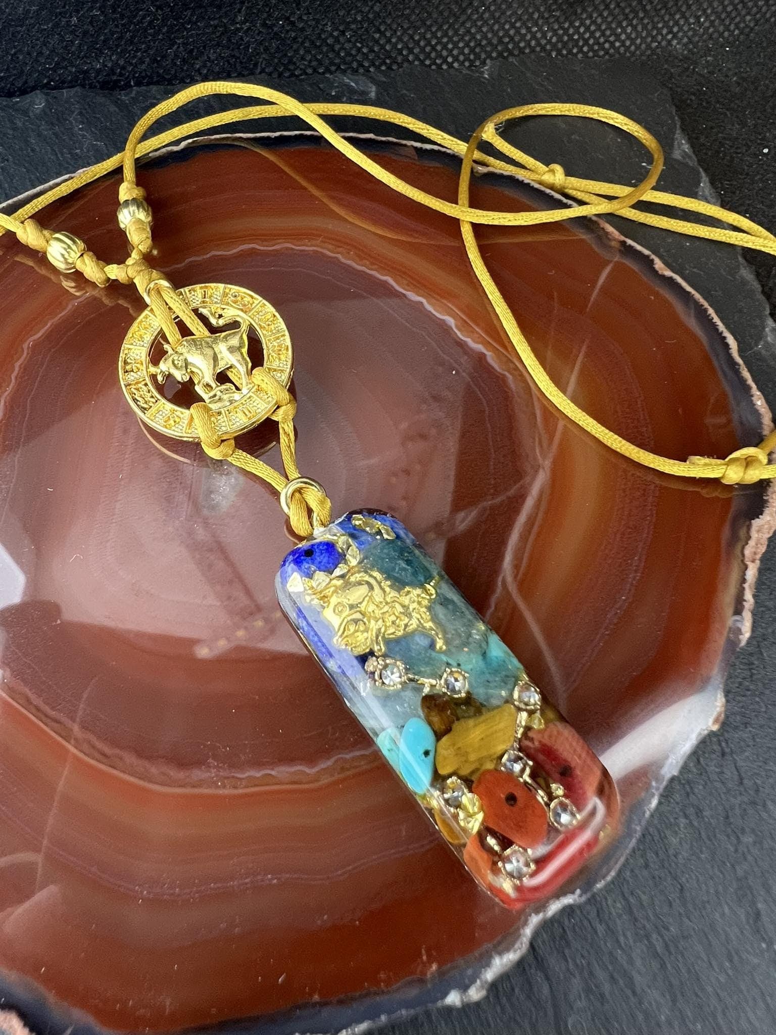 Zodiac sign necklace, chakras stones resin pendant, meditation energy