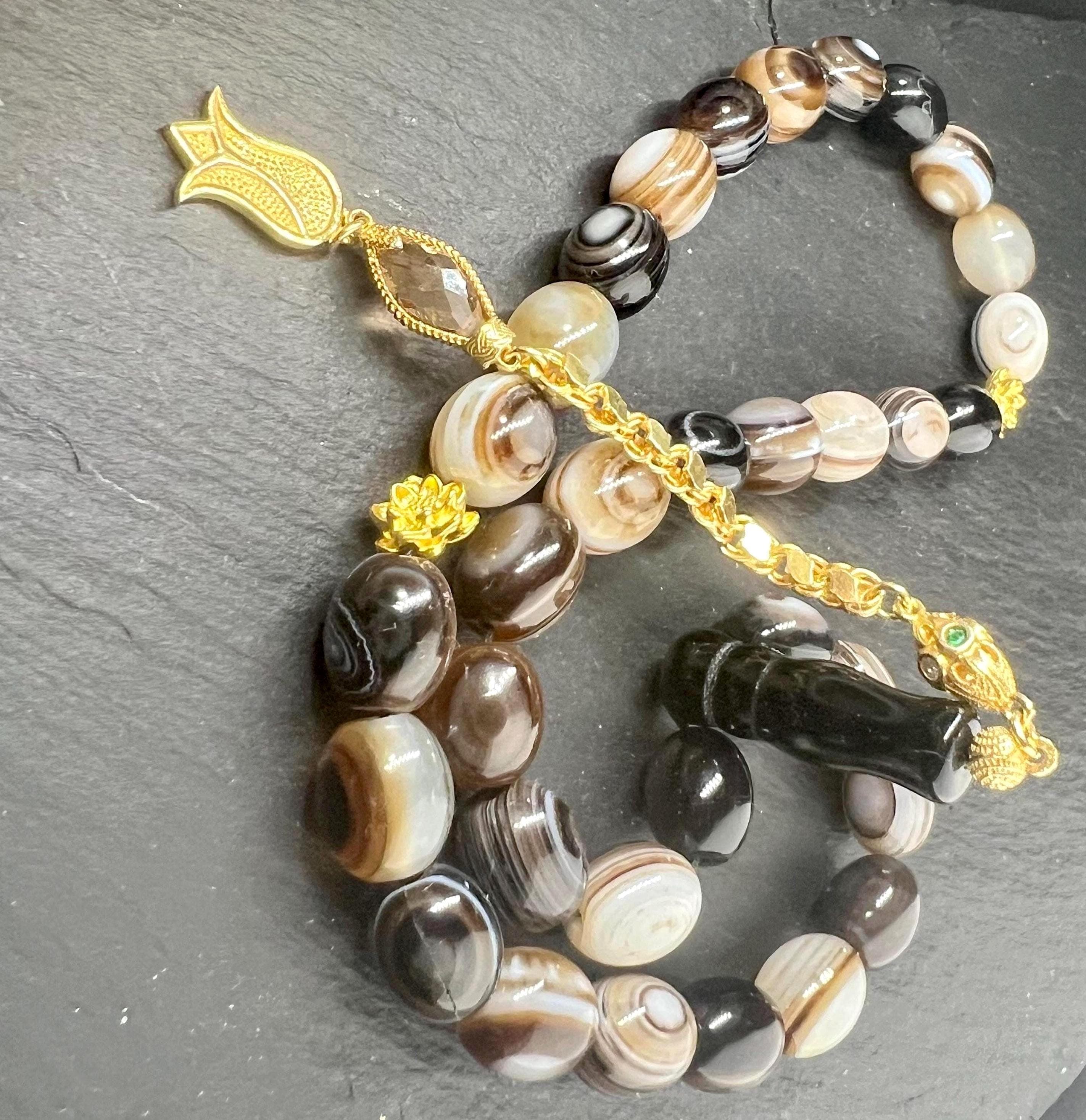Sulaimani Agate Tasbih: Islamic Prayer Beads with 925 Silver Gold Plated Tassel