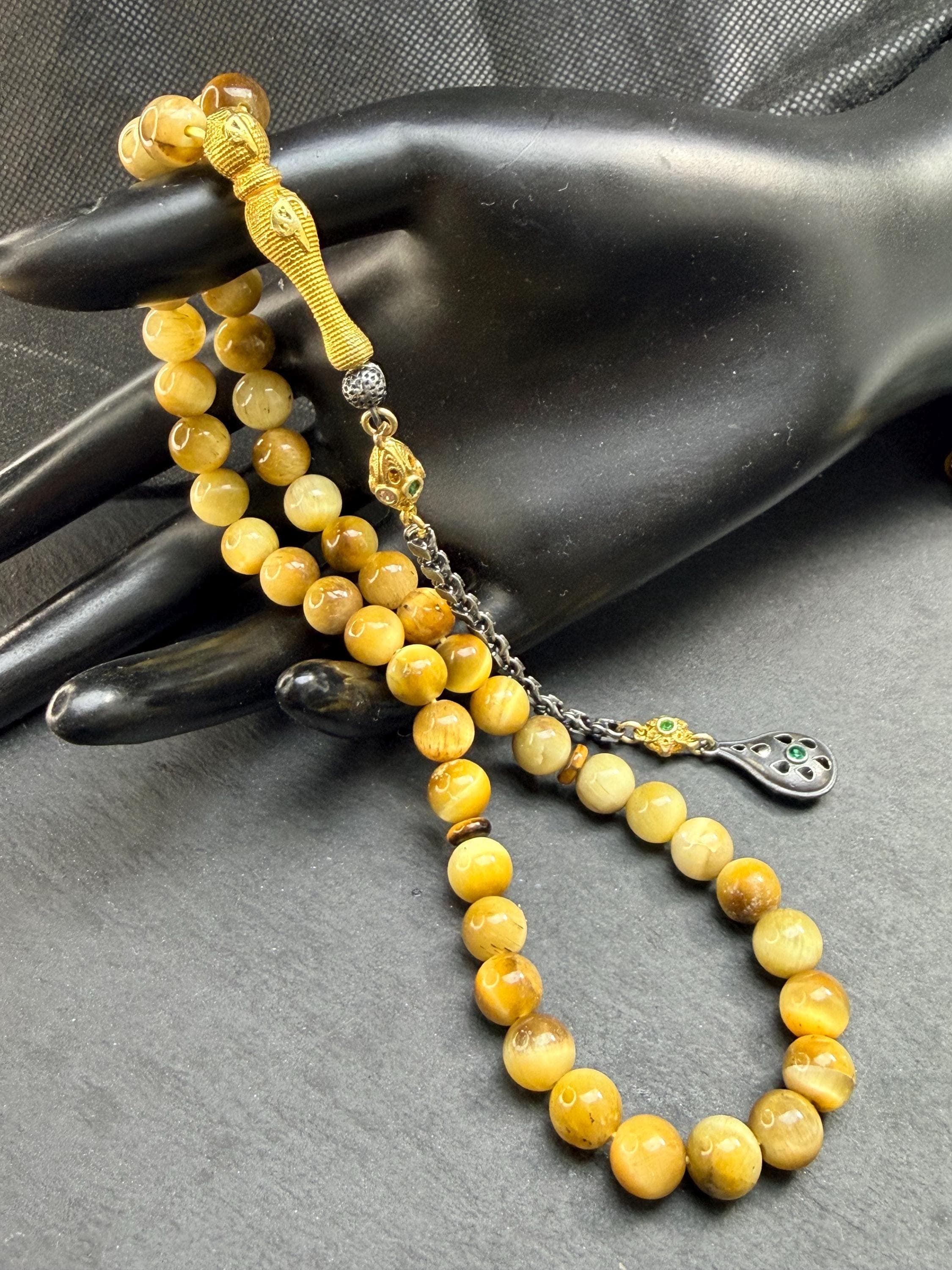 Natural golden cat's eye stone tasbih, Islamic misbaha, 925 sterling silver gold-plated tassel