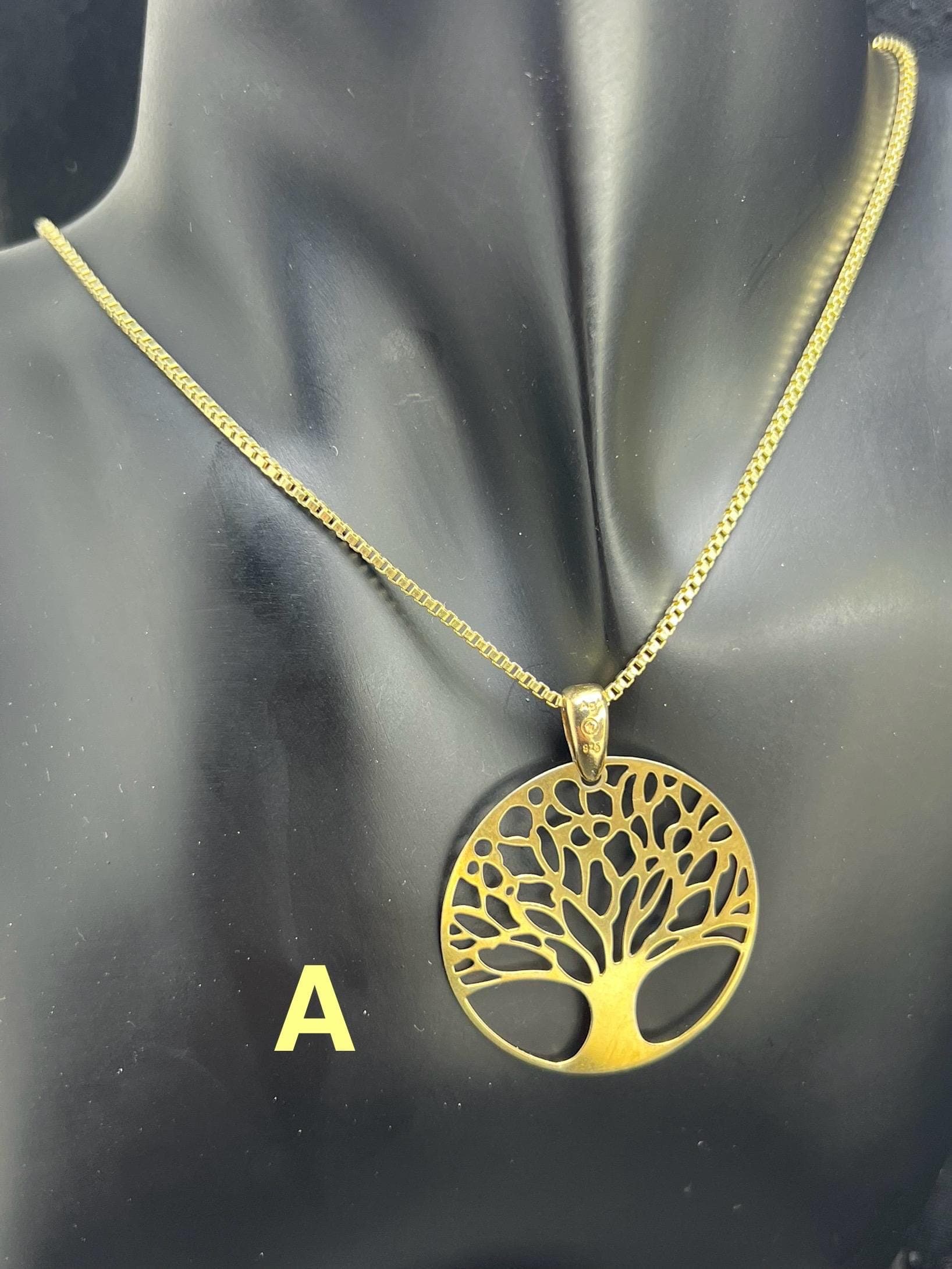 Gold filled necklace, 925 sterling silver, tree of life big charm pendant, connect to earth energy. Amerik FBM made in germany, box chain. AkueShop