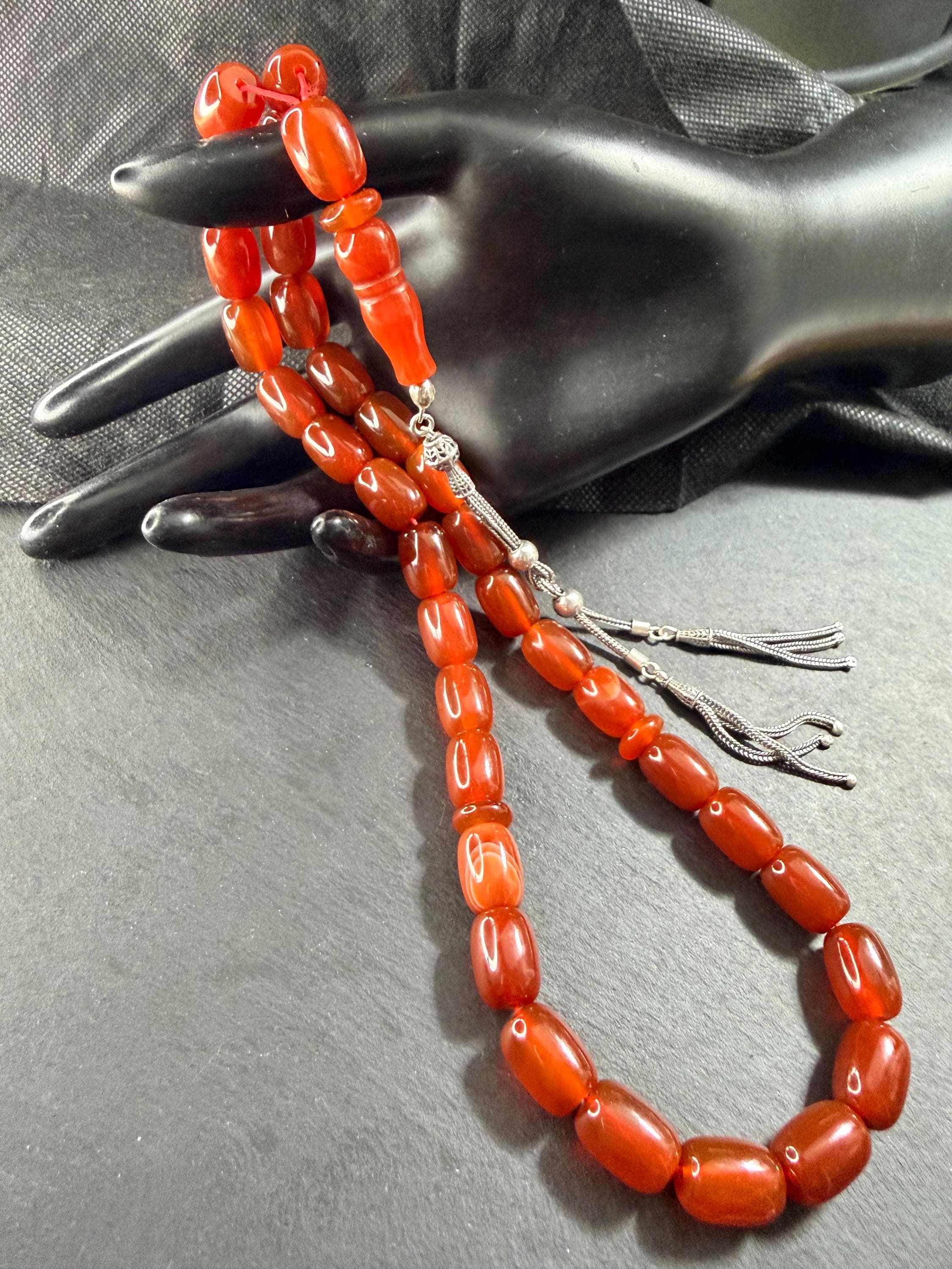 Red Agate Tasbih Prayer Beads: Sterling Silver Tassel, Islamic Gift