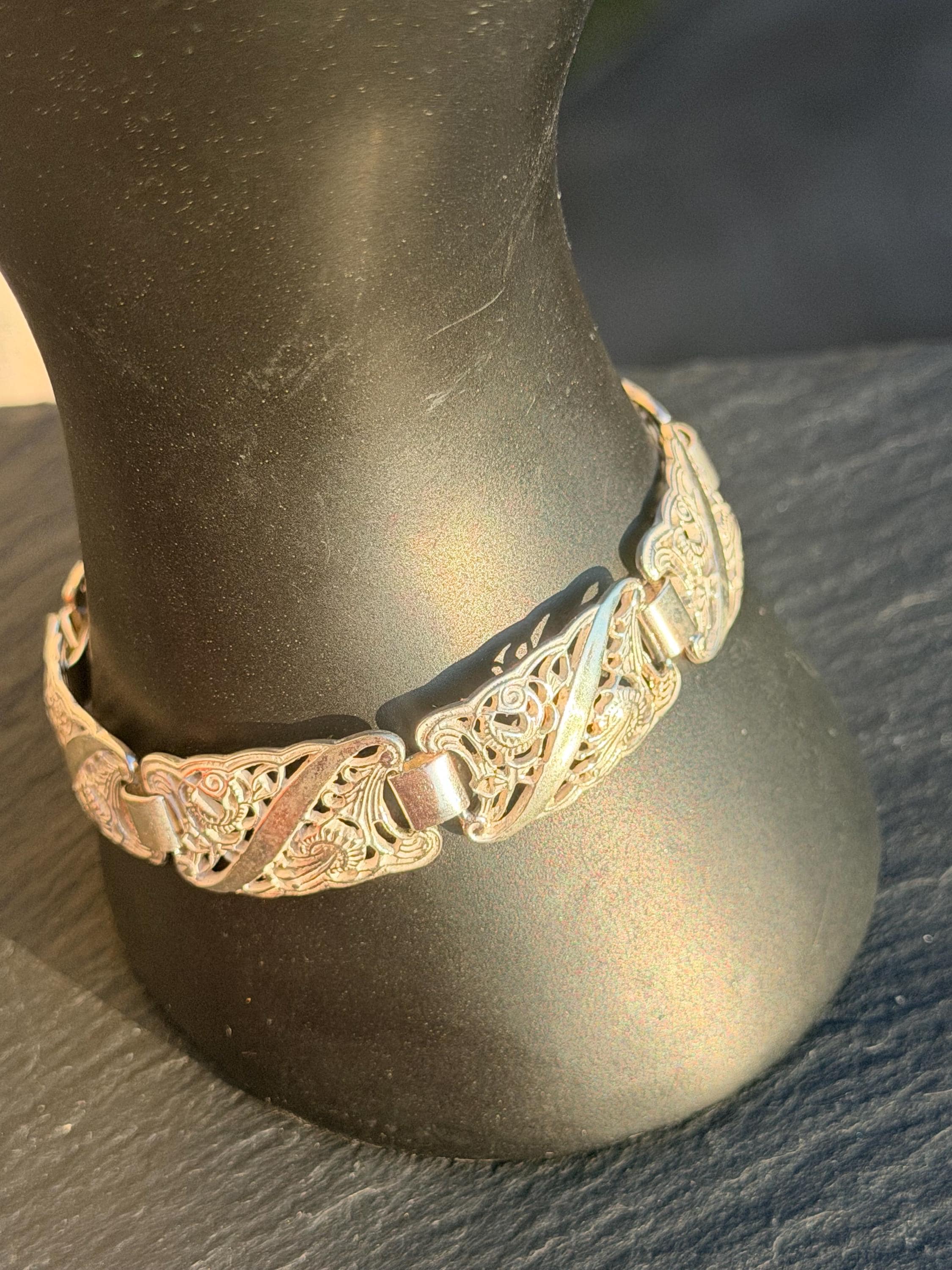 Vintage 925 Silver wide Bracelet, floral links every day jewellery