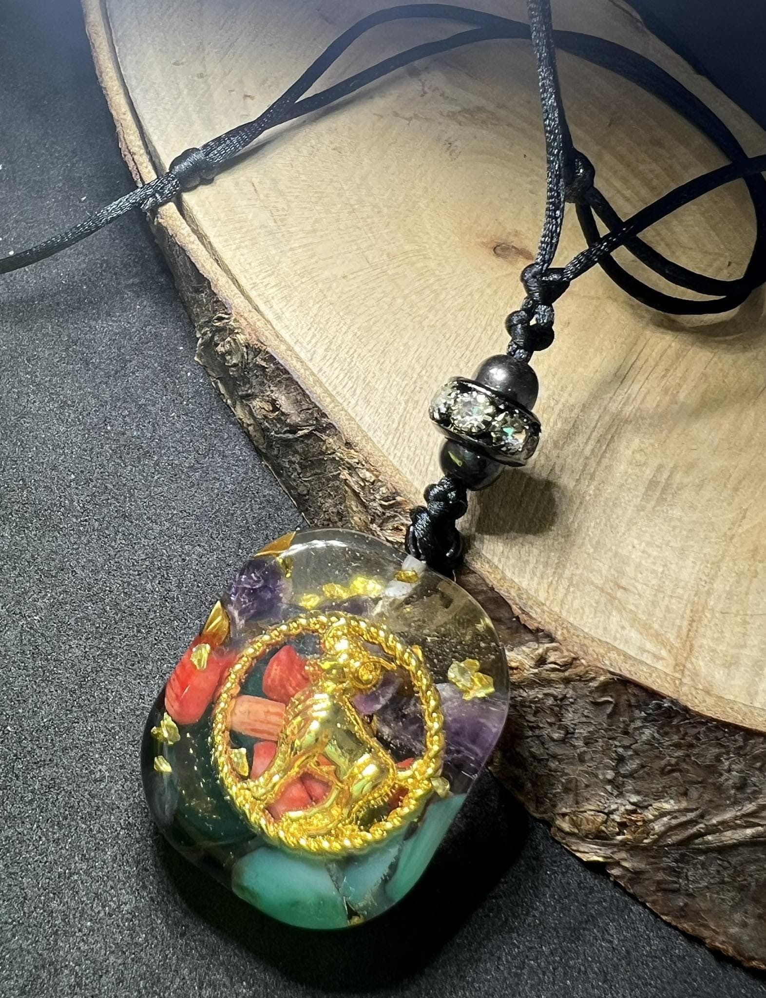 Handmade Resin Y- pendant Necklace, Aries Zodiac 7 chakras natural gemstones, adjustable necklace