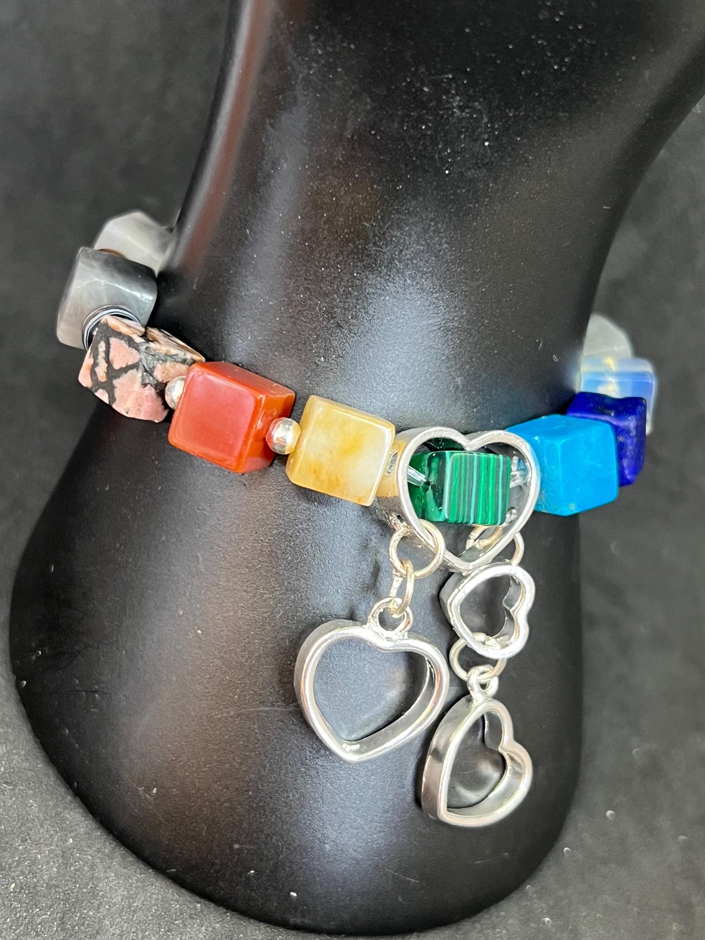 Natural Hauk Eye gemstones Bracelet, 7 chakras, with Silver plated heart charms