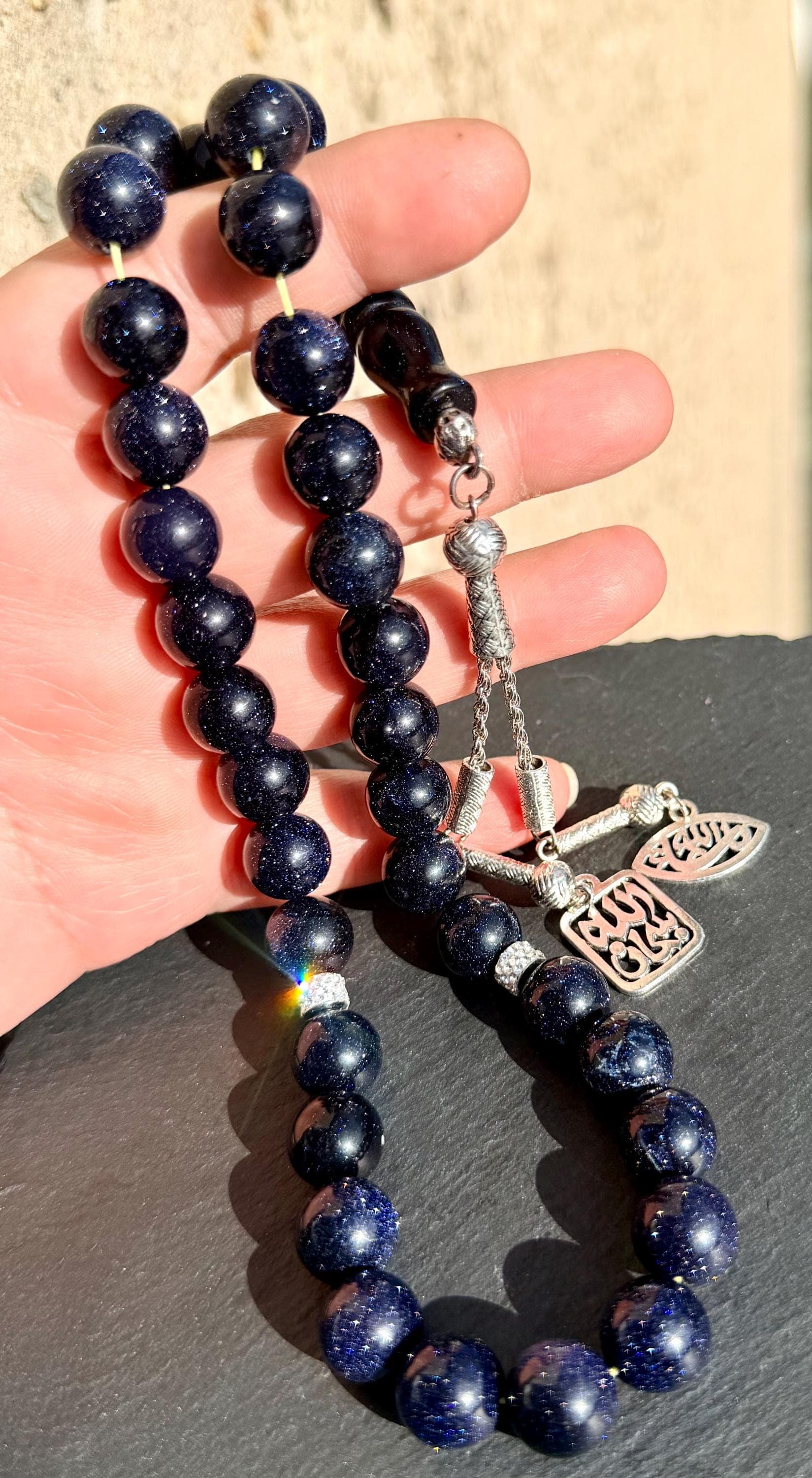 Blue Sandstone Tasbih 33, Islamic Gift, Subhanallah & Mashallah tassel