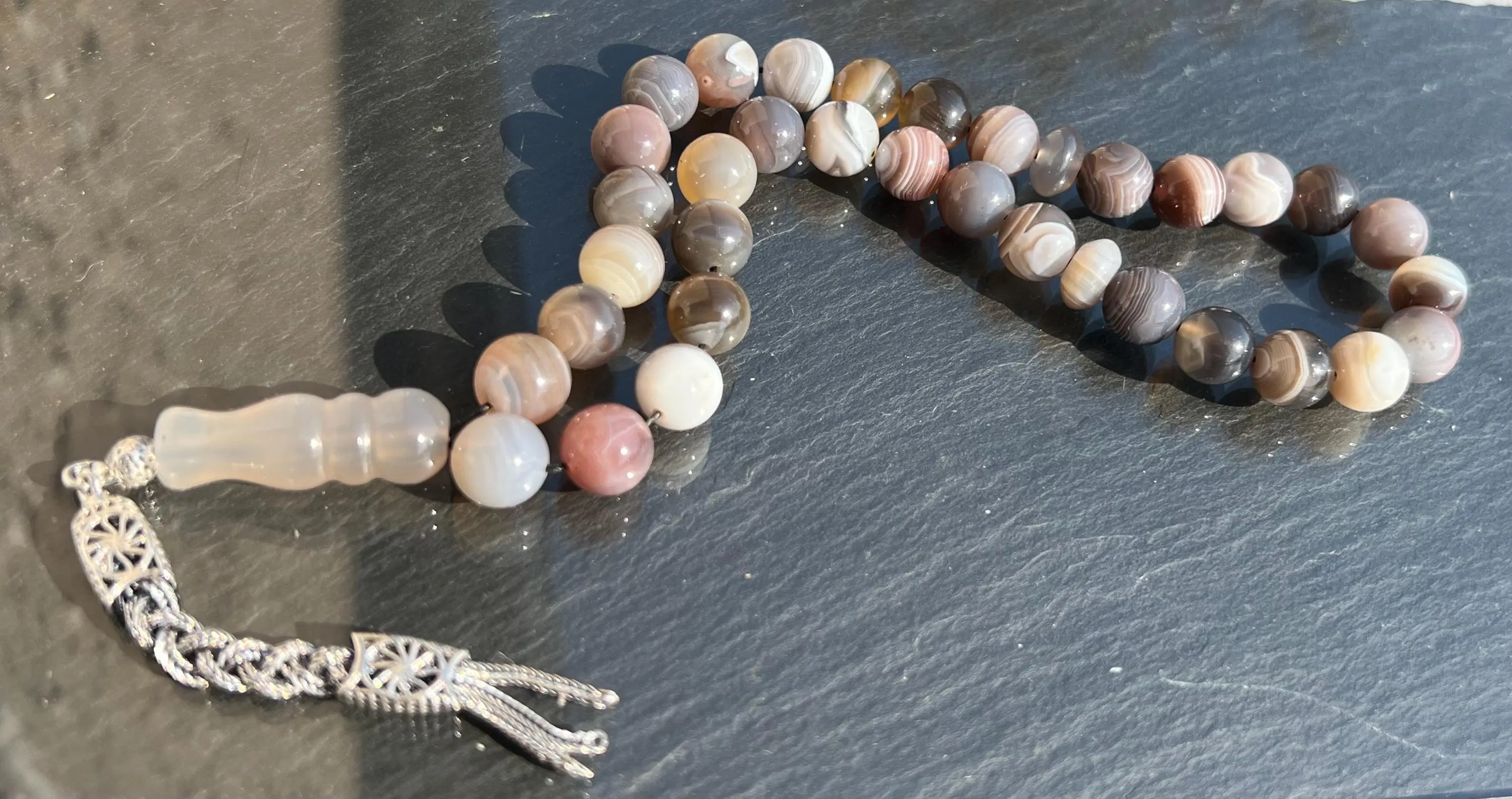 Botswana agate achat tesbih tasbeeh misbah 925 silver schmuck rosenkraz rosary prayer bead tassel quaste