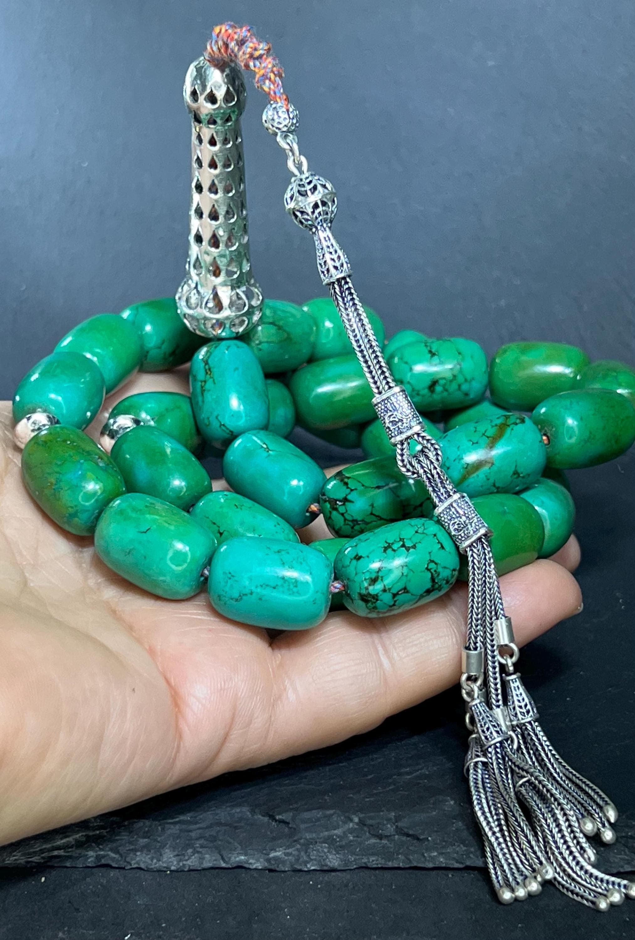 Chrysocolla Tasbih: 925 Silver Minaret, Handmade Prayer Beads