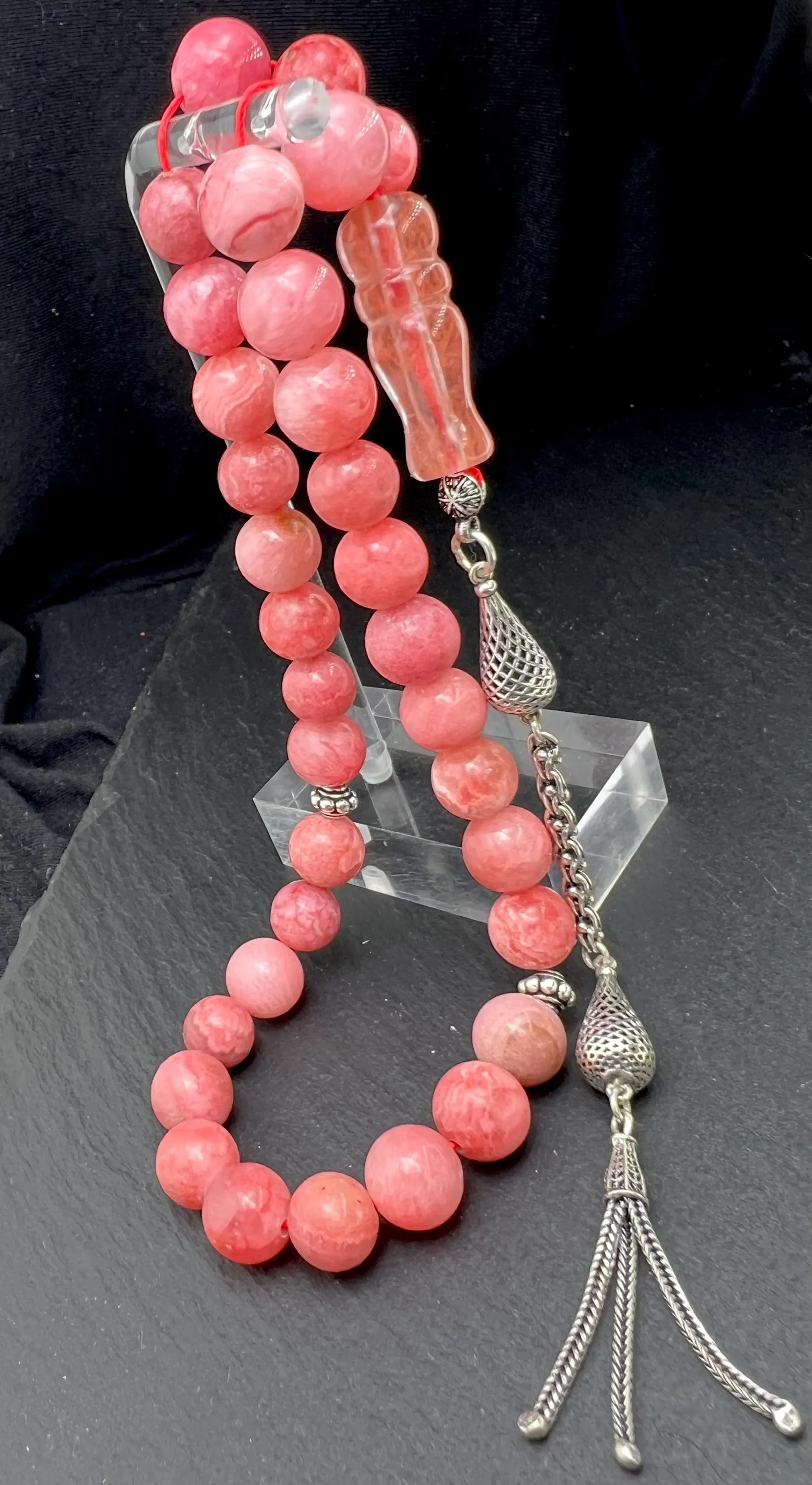 Rhodochrosite Tasbih, Prayer beads, Rosary, Misbaha, Ethnic Jewellery, Ramadan Eid Islamic gifts, 925 sterling silver tassel, handmade jewellery.