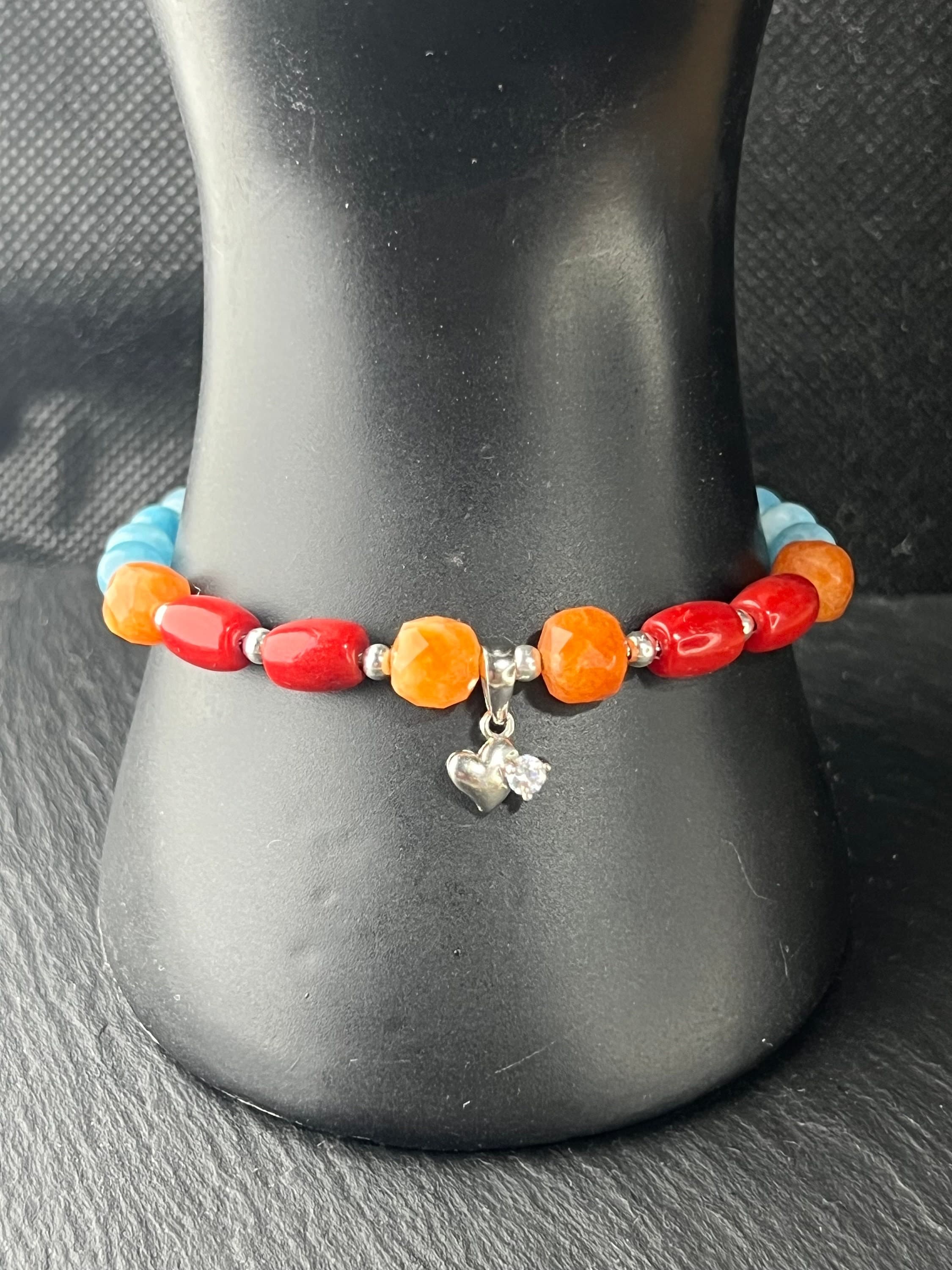 Handmade Red Coral Sunstone Apatite Bracelet: 925 Sterling Silver, Chakra Energy - image 5
