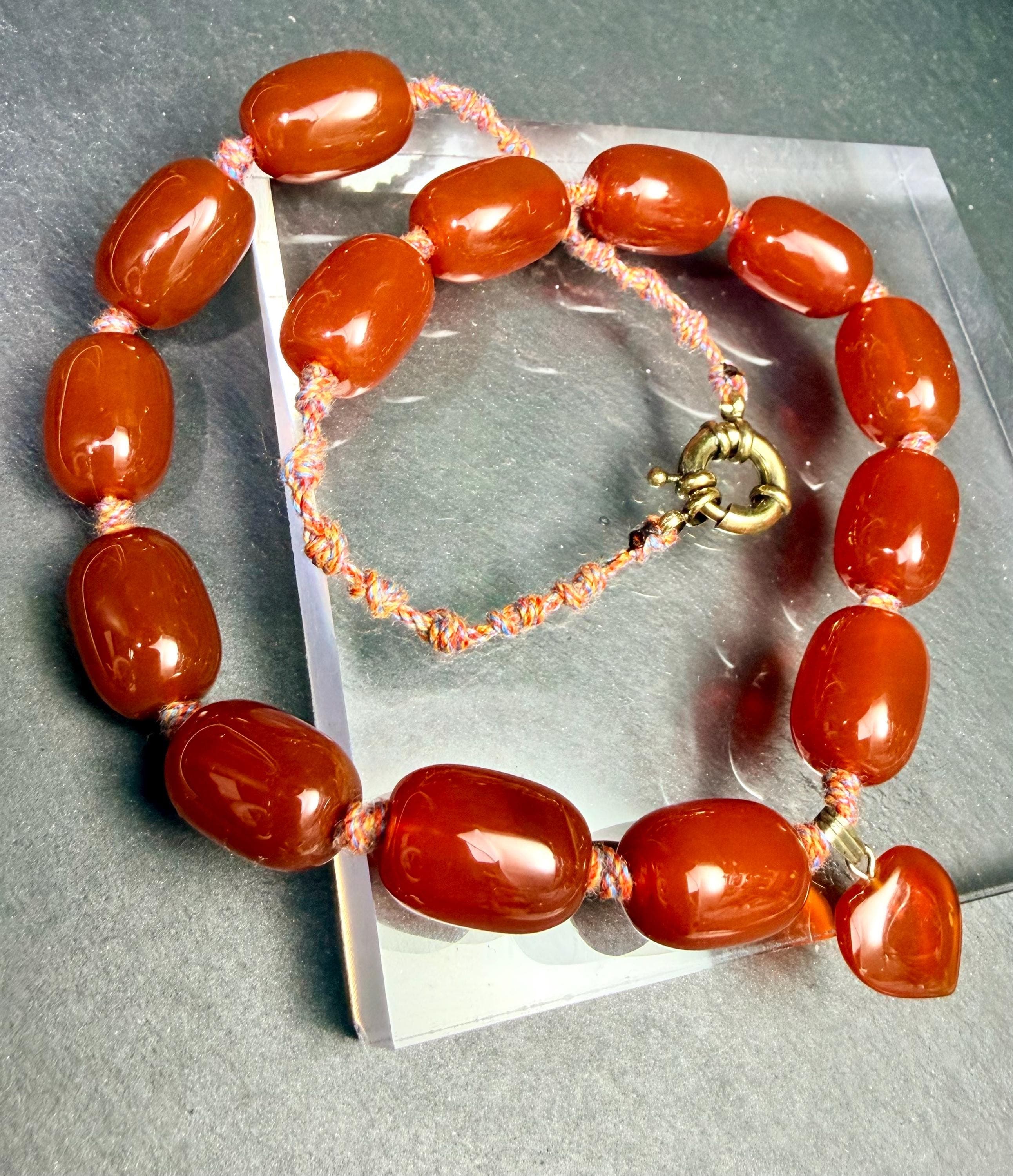 Red Agate necklace, chunky big size natural stone beads, heart pendant with certification.
