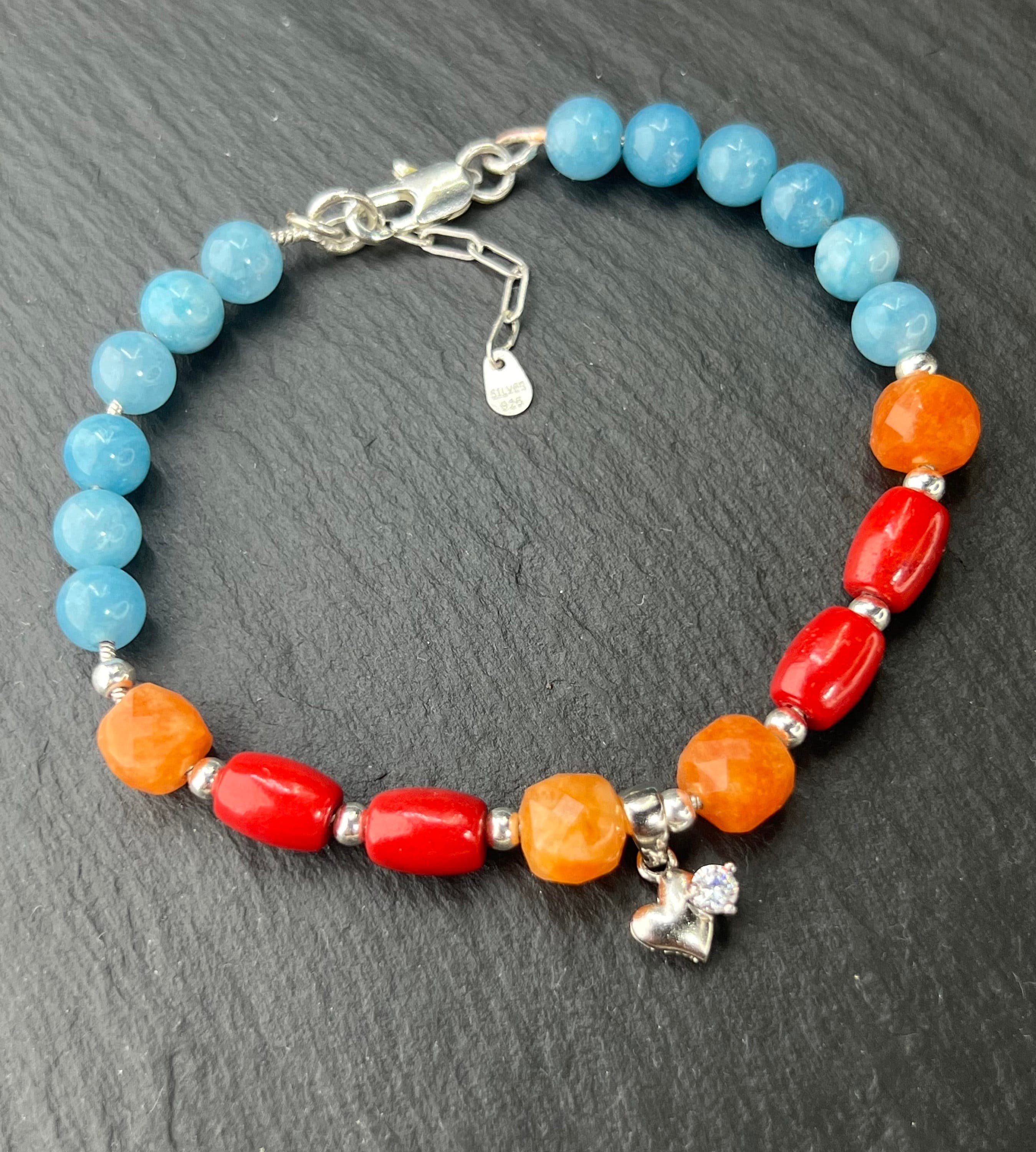 Handmade Red Coral Sunstone Apatite Bracelet: 925 Sterling Silver, Chakra Energy - image 3