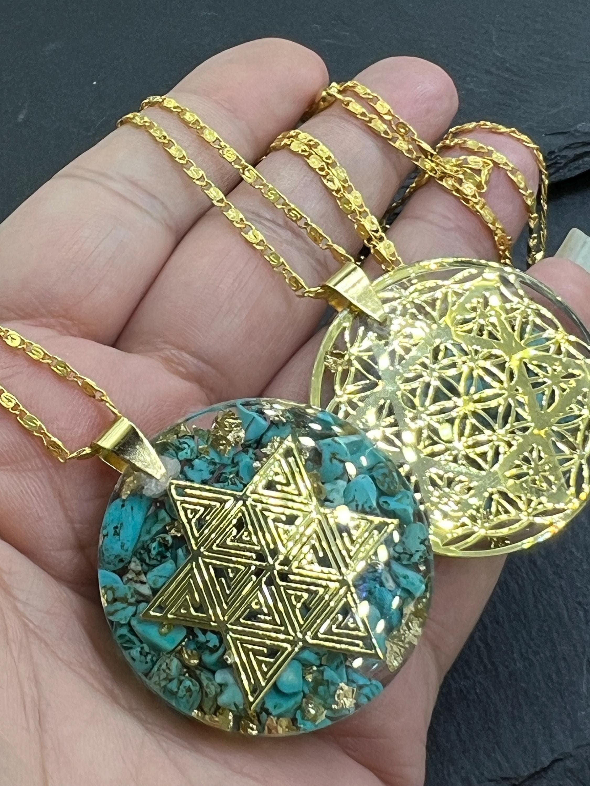 Pendant Necklace, Resin & Natural Turquoise, Hexagonal David Star Geometry, Gold Leaf Inlay