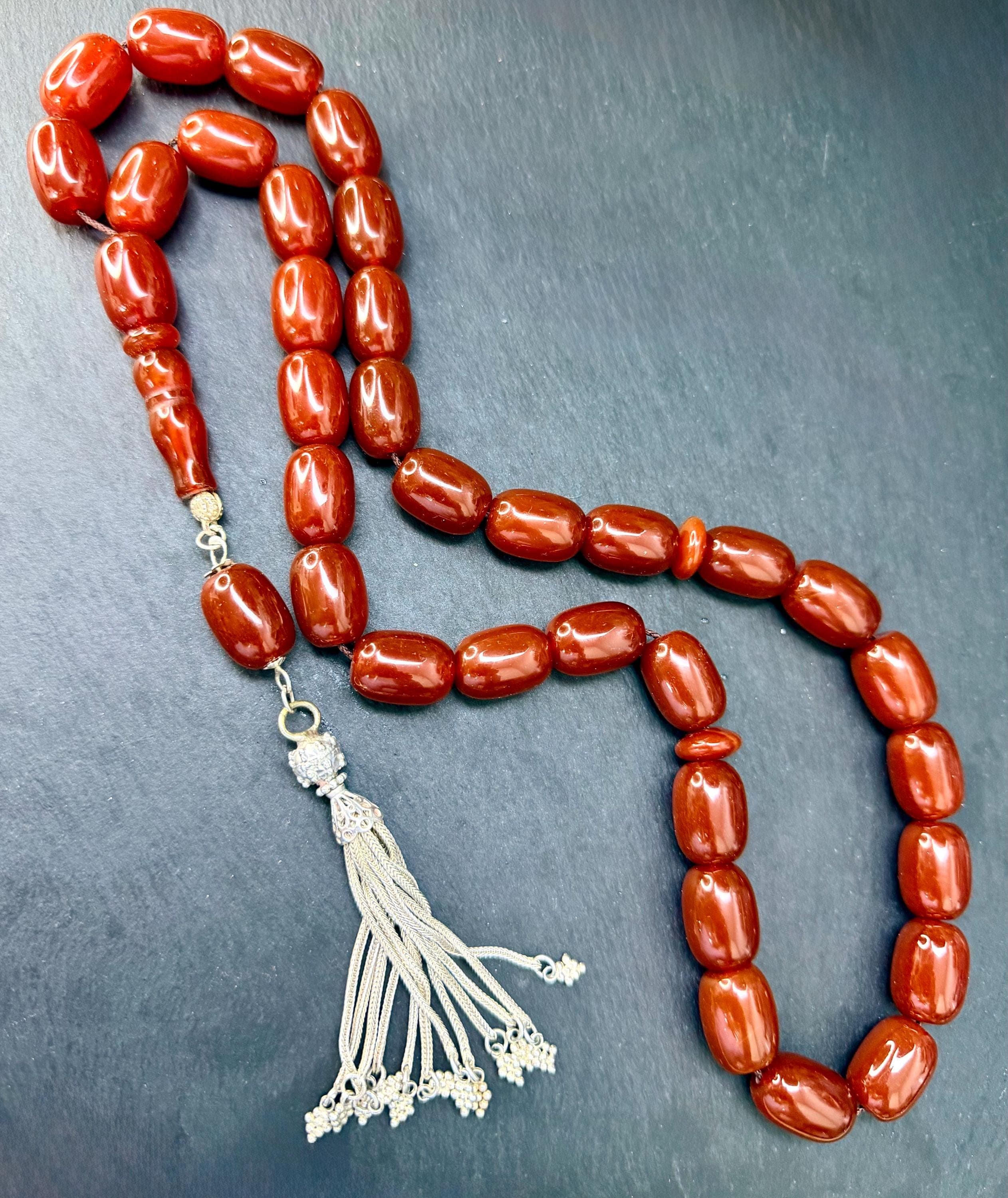 Giant Red Agate Tasbih Prayer Beads: Sterling Silver Tassel, Islamic Gift