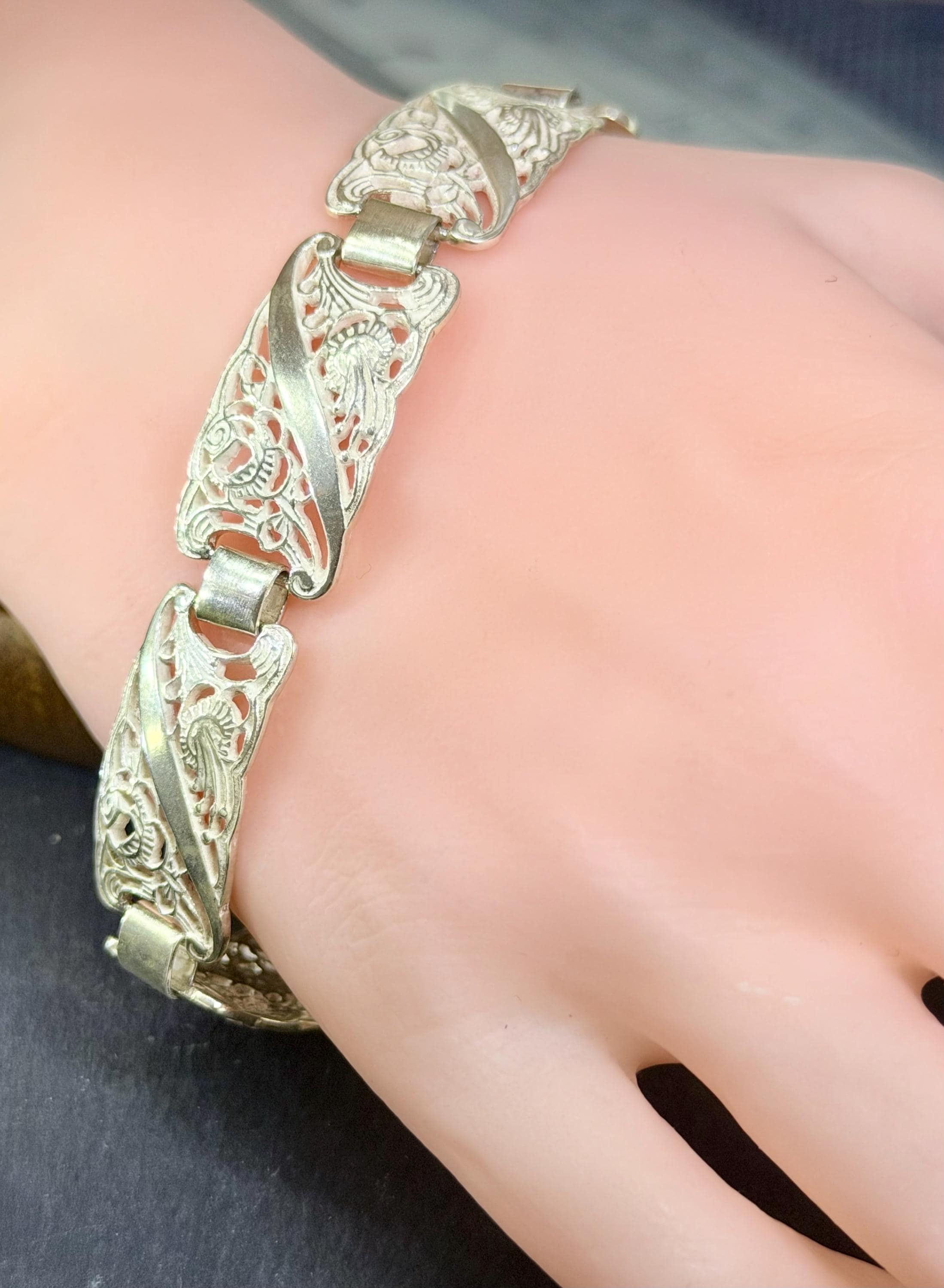 Vintage 925 Silver wide Bracelet, floral links every day jewellery