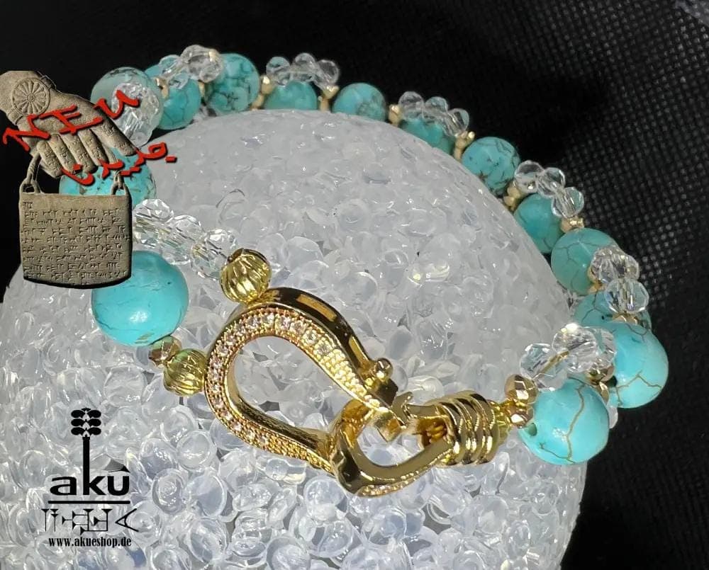 Blue Howlite Bracelet, Natural Asian turquoise Stone, Brass Gold-Plated Shiny Clasp