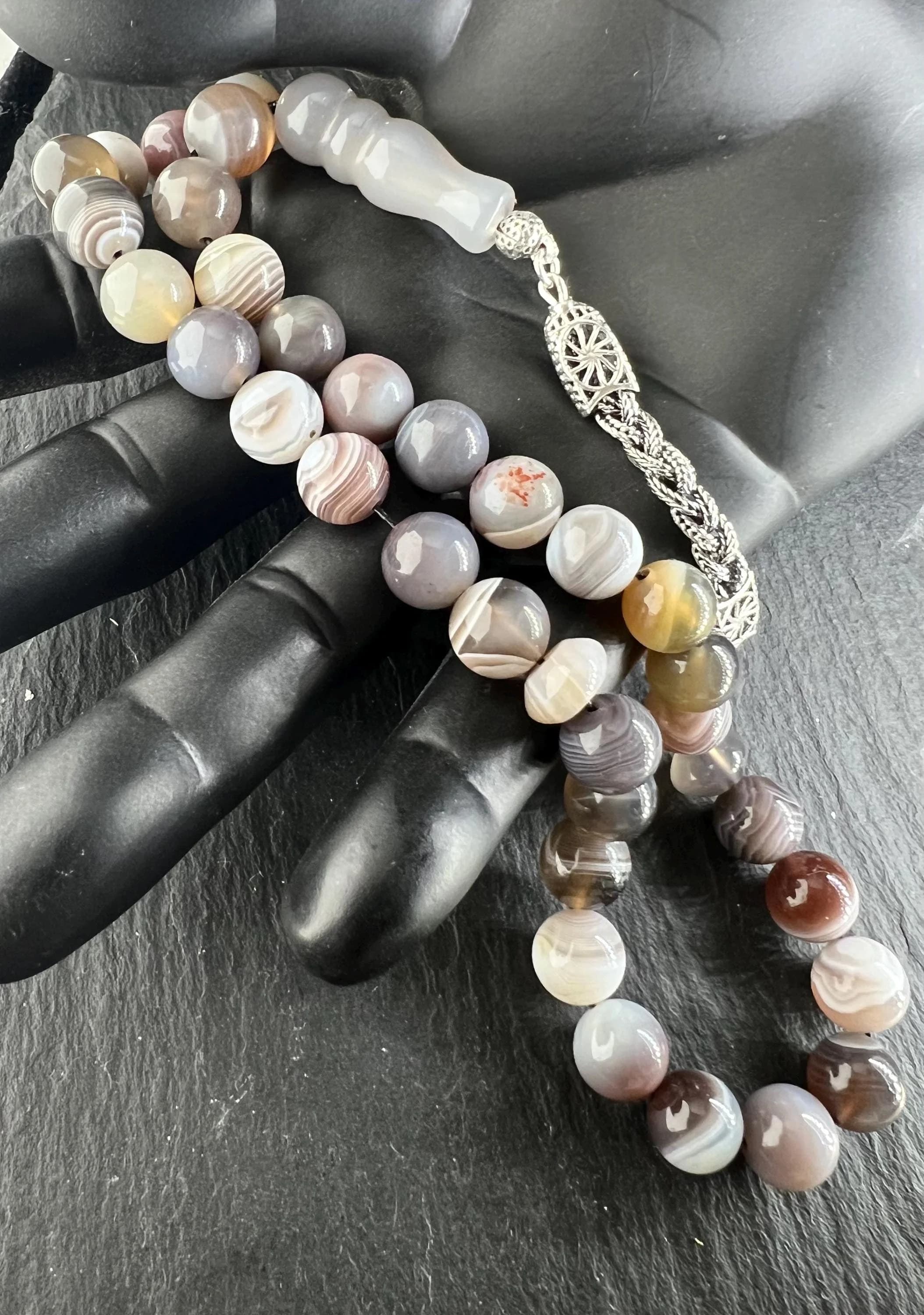 Botswana Agate aqeeq Tasbih 33, 10mm beads natural stone, Islamic Misbaha, 925 Silver Tassel
