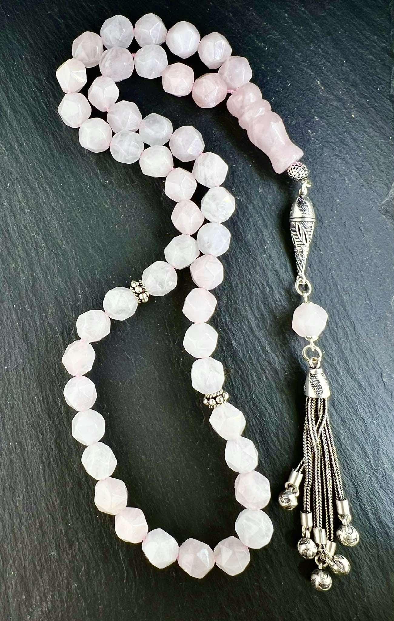 Rosé Quartz Tasbih 45, 10mm, natural Gemstone, Heart chakra, Islamic Misbaha, 925 Sterling Silber Tassel