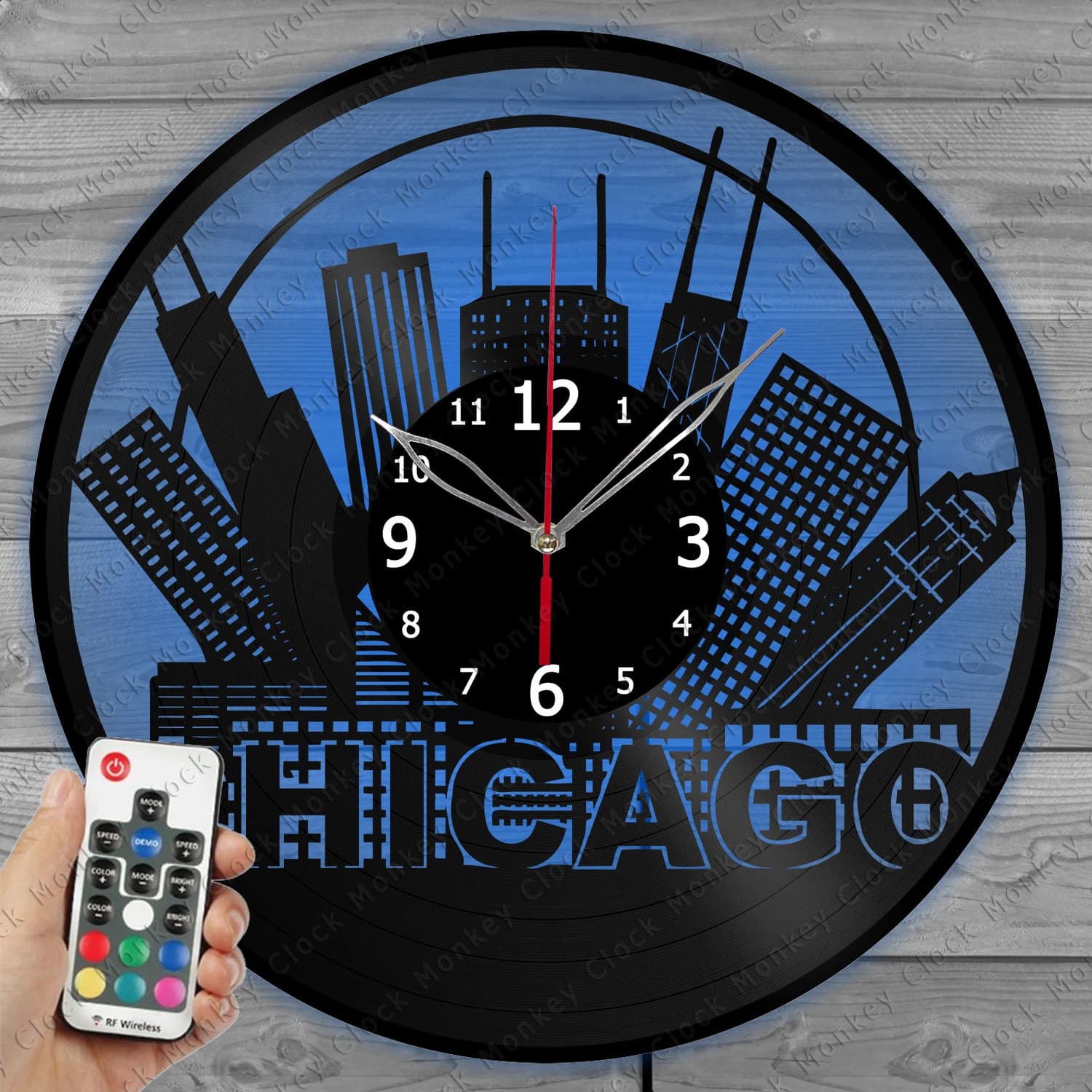 Chicago Clock with LED Light Vinyl Clock City Decor Wall Clock Custom Order Vinyl Record Wall Clock Personalized Design Gift for him and his