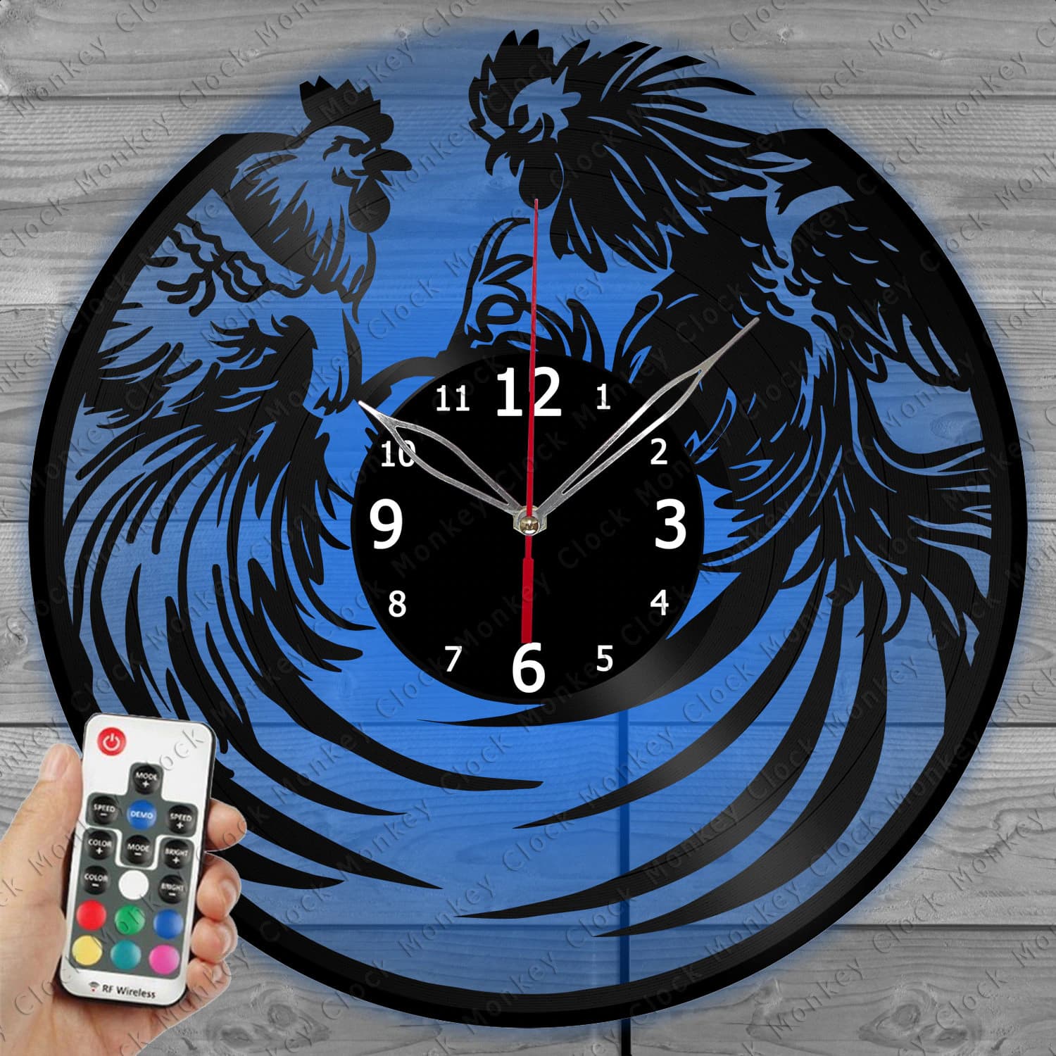 Fighting Rooster Clock with LED Light Vinyl Clock Bird Wall Clock Custom Order Vinyl Record Wall Clock Personalized Design Gift for him his