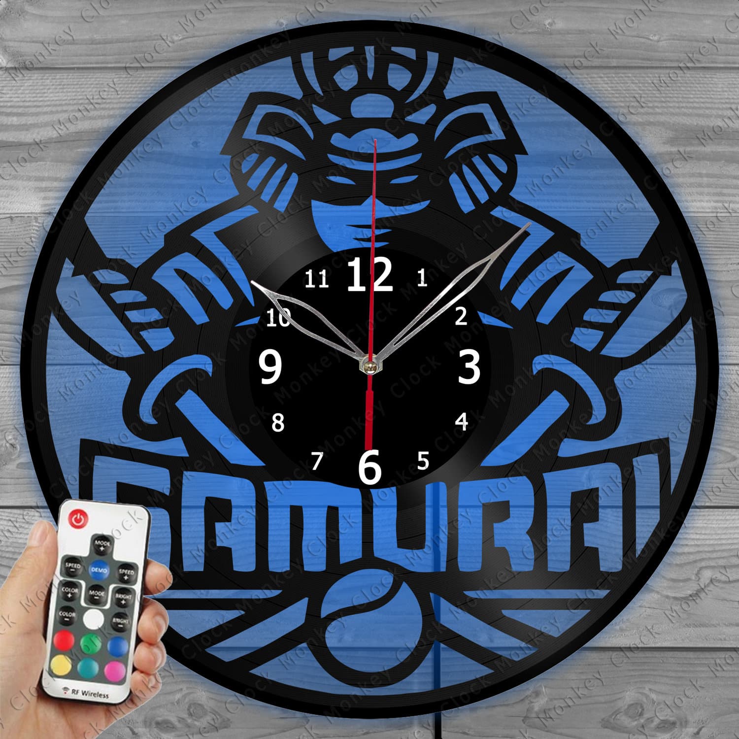 Samurai Clock with LED Light Vinyl Clock Decor Home Wall Clock Custom Order Vinyl Record Wall Clock Personalized Design Gift for him & his