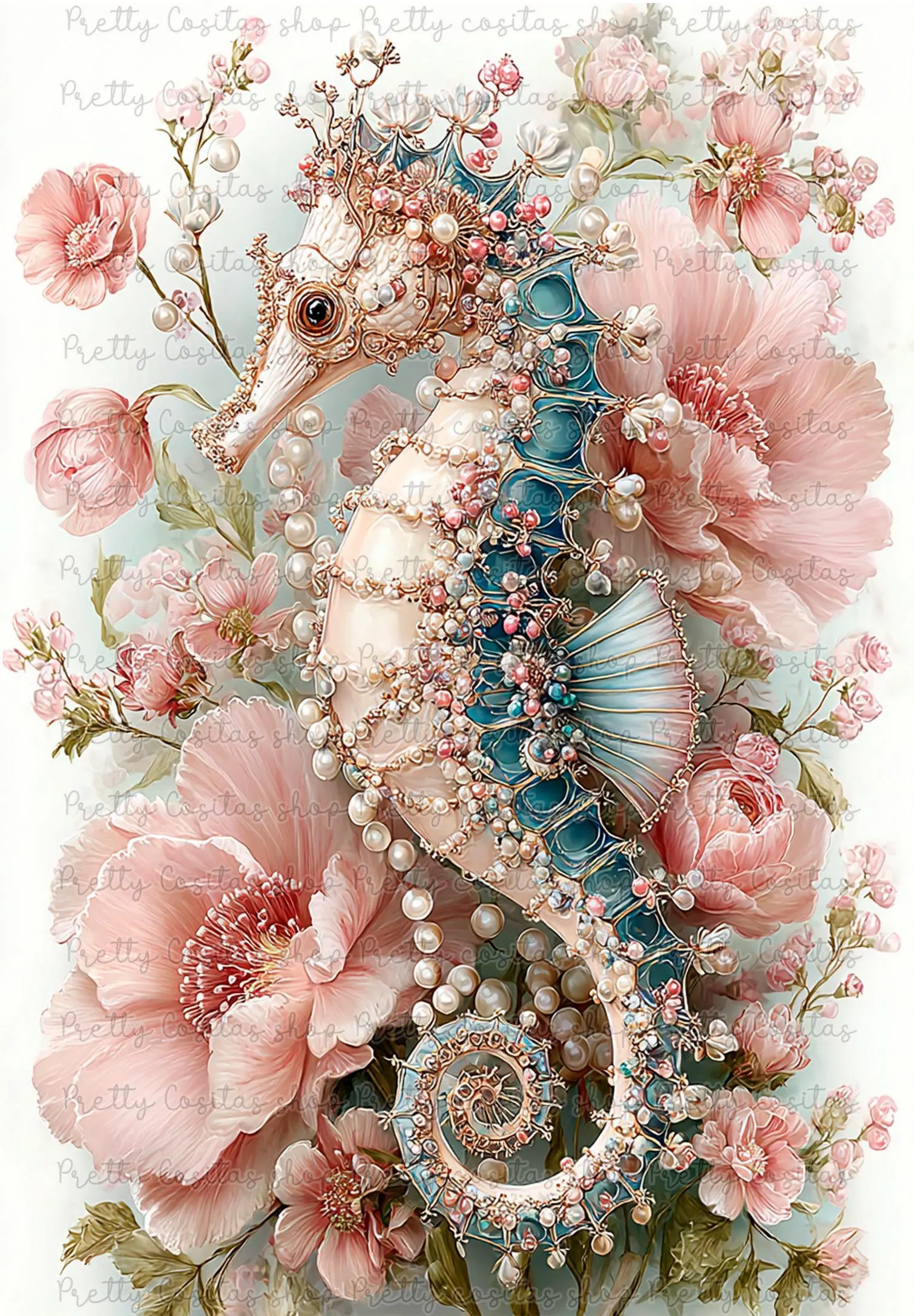 Jeweled Sea Horse & Pink Roses Rice Paper A4 – Shabby Chic Coastal Mulberry Paper – Pearl Accents Decoupage Sheet – Fantasy Decoupage paper