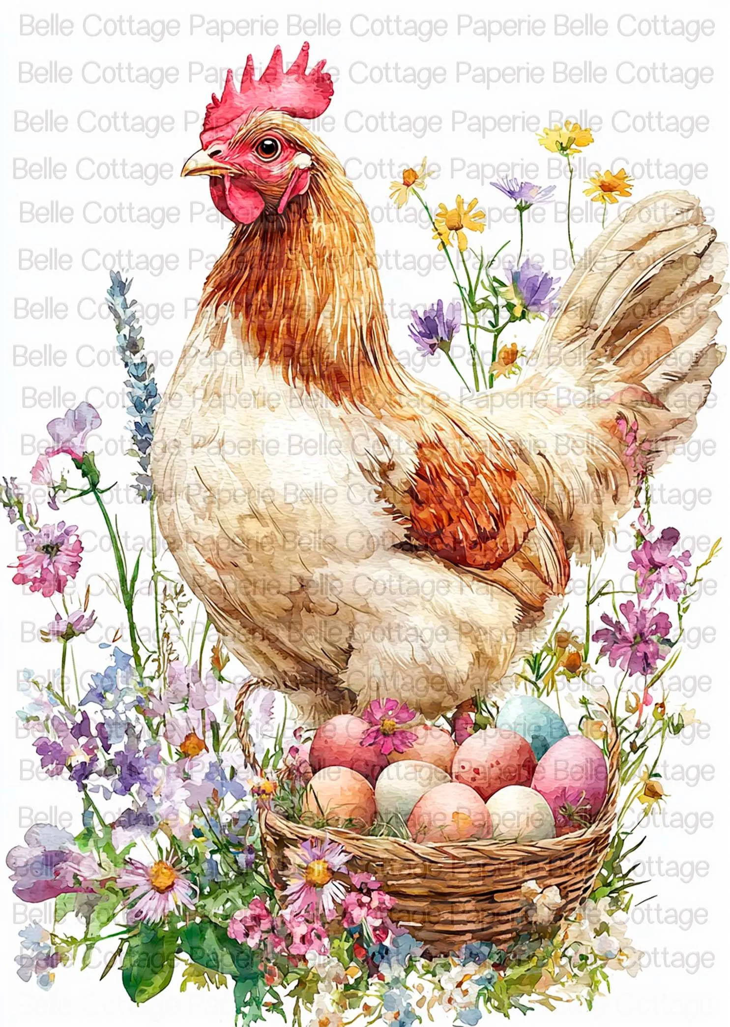 Chicken Rice Paper for Decoupage, Farmhouse Hen Art, Easter Egg Basket Design, Floral Chicken Rice Paper, Country Cottage Decor, Craft Paper
