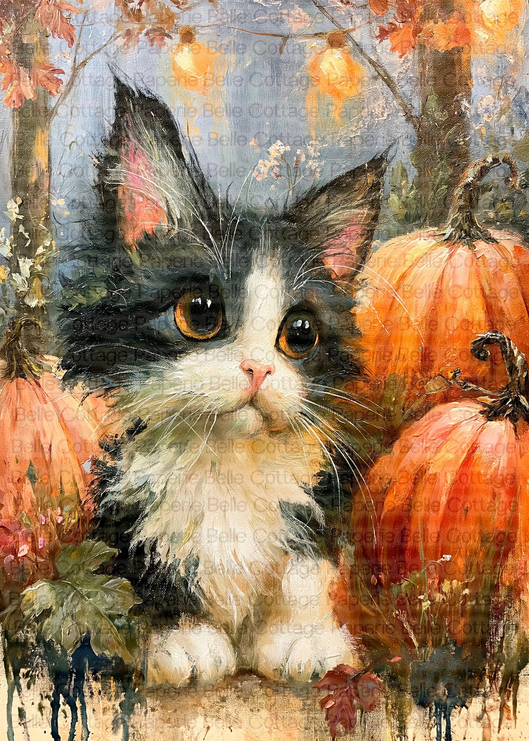 Vintage Halloween Cat Rice Paper for Decoupage, Cute Black & White Kitten with Pumpkins, Autumn Cottage Decor, Mulberry Rice Paper DIY