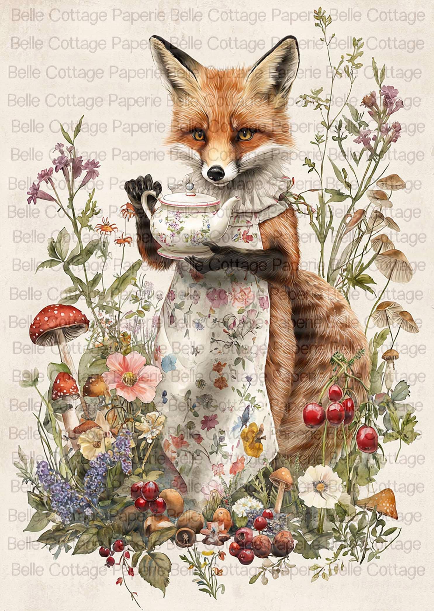 Fox Rice Paper for Decoupage, Cottagecore Fox Art, Woodland Animal Rice Paper, Floral Fox Design, Mushroom Forest Decor, Junk Journal Paper